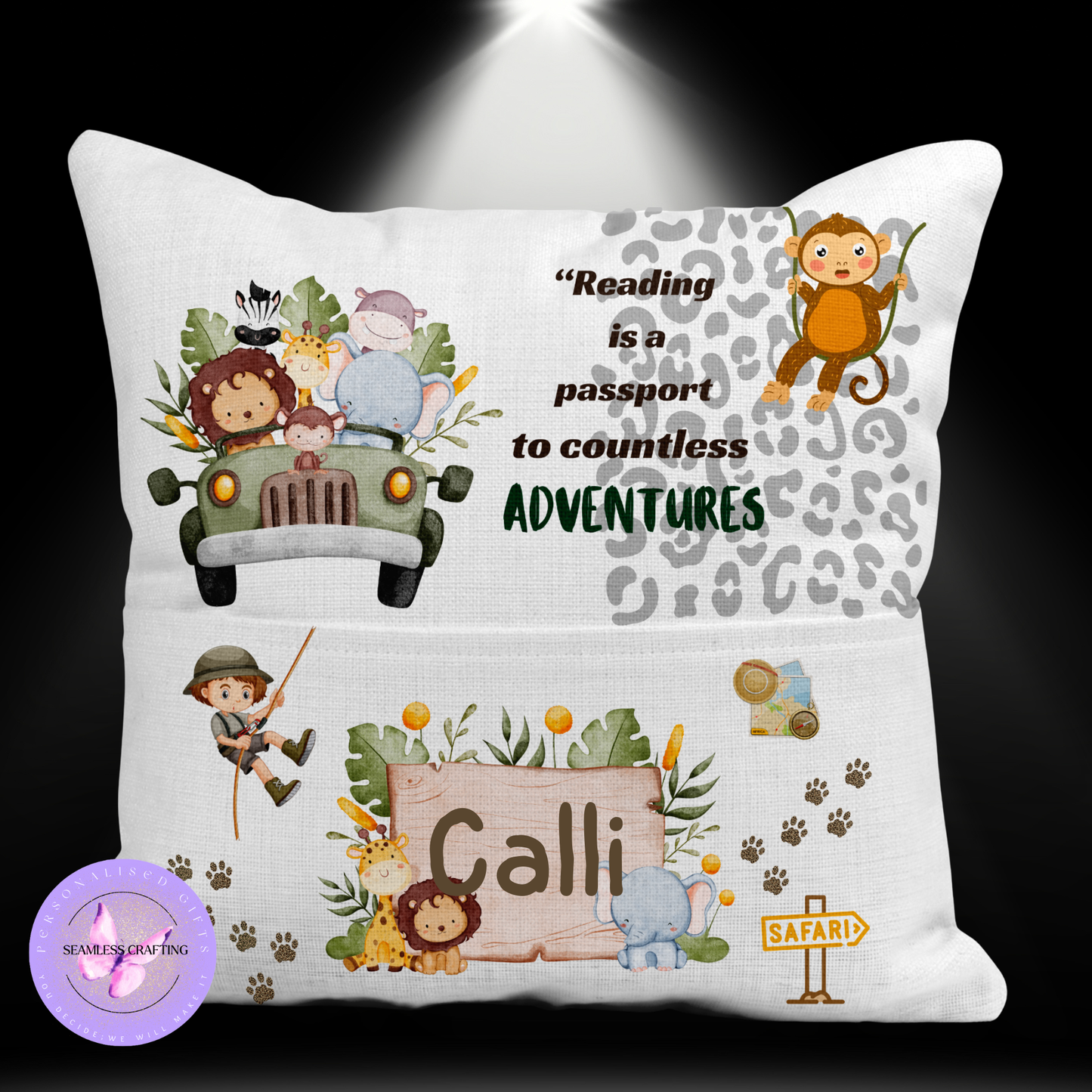 Personalised Kids Safari Reading Cushion with Pocket – Animal Book Cushion, Child’s Reading Pillow, Jungle Book Lover Gift