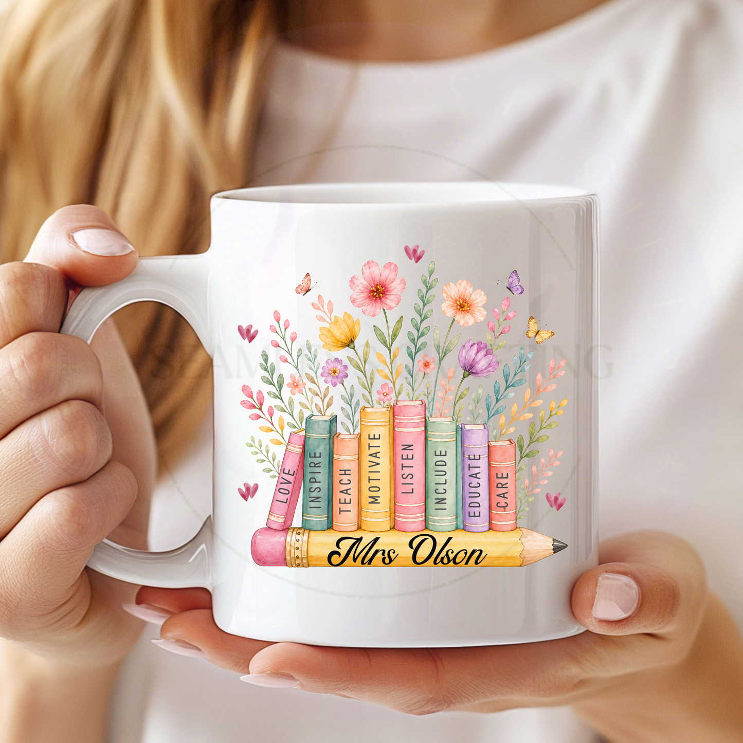 Personalised Teacher Mug or Travel Mug – Custom Name Floral Books Design