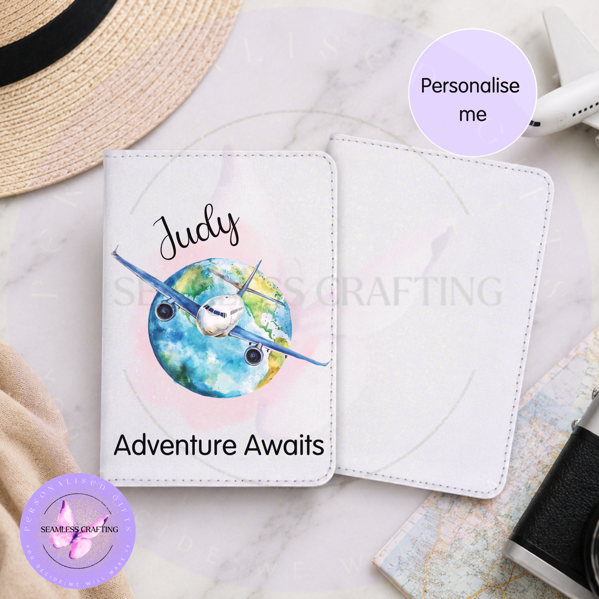 Personalised passport cover with name and watercolour aeroplane flying across globe