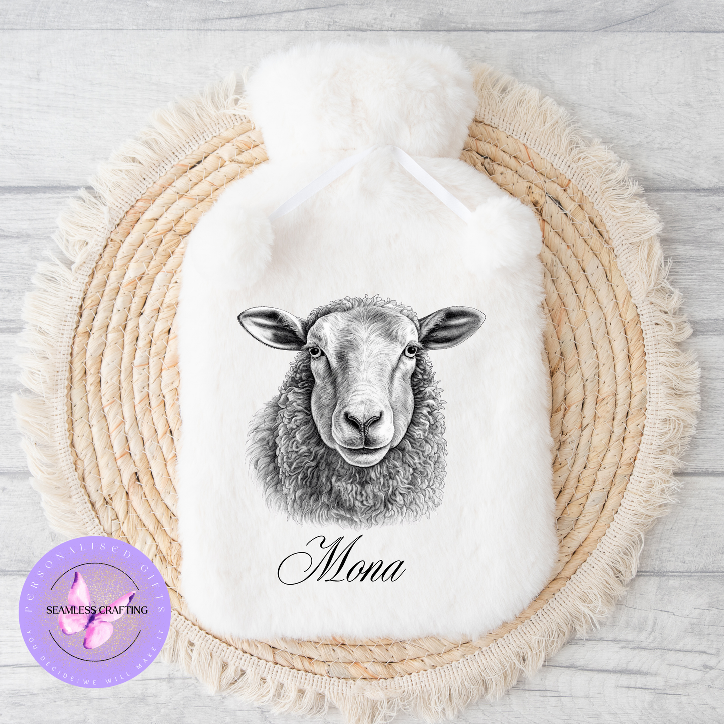 Personalised Sketch Animals Faux Fur Hot Water Bottle – Custom Name Gift | 2L | Highland Cow, Bunny, Dog, Cat