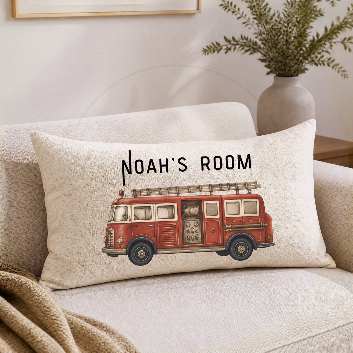 Personalised fire truck cushion for boys bedroom and kids room decor