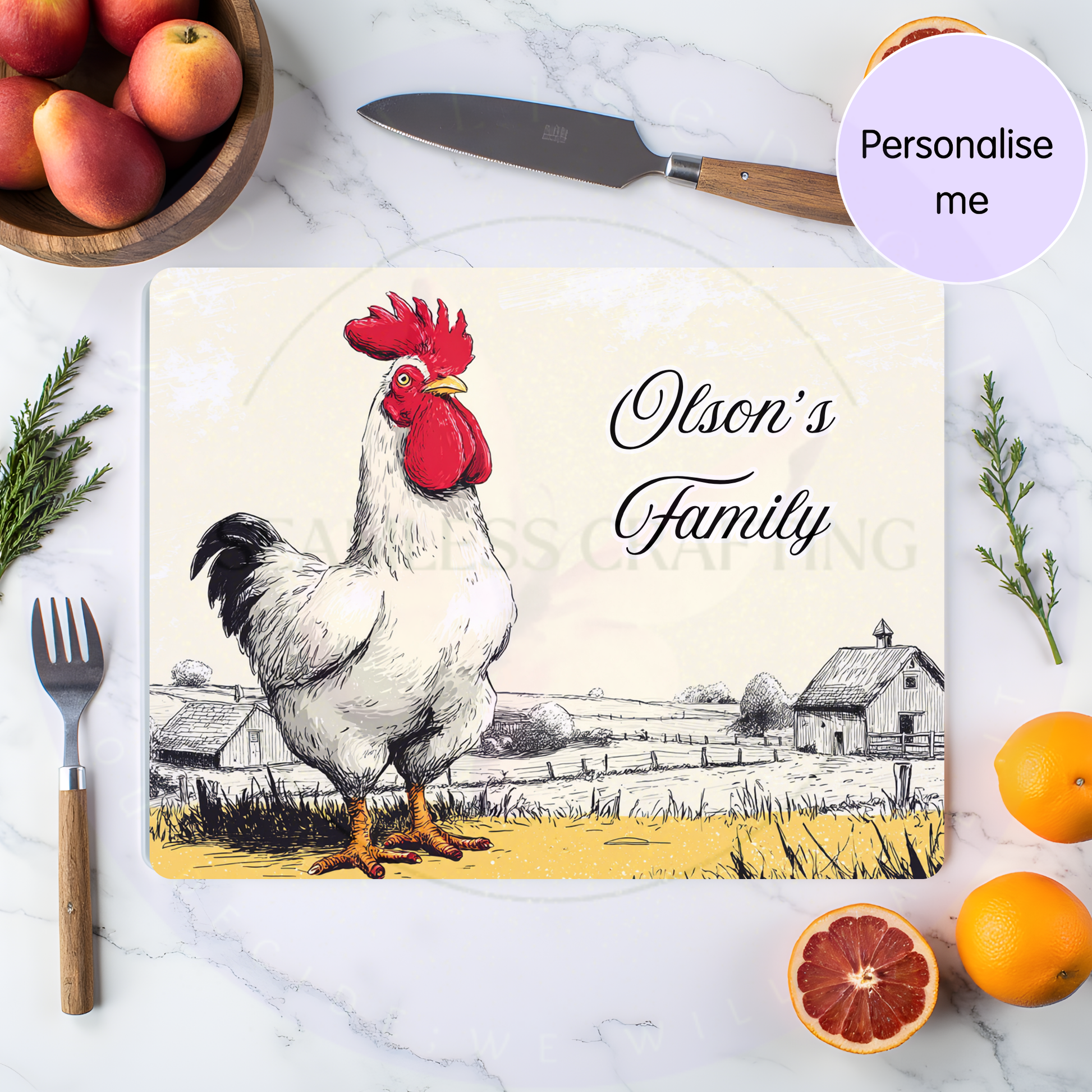 personalised chicken glass chopping board farmhouse kitchen custom name rustic worktop saver gift