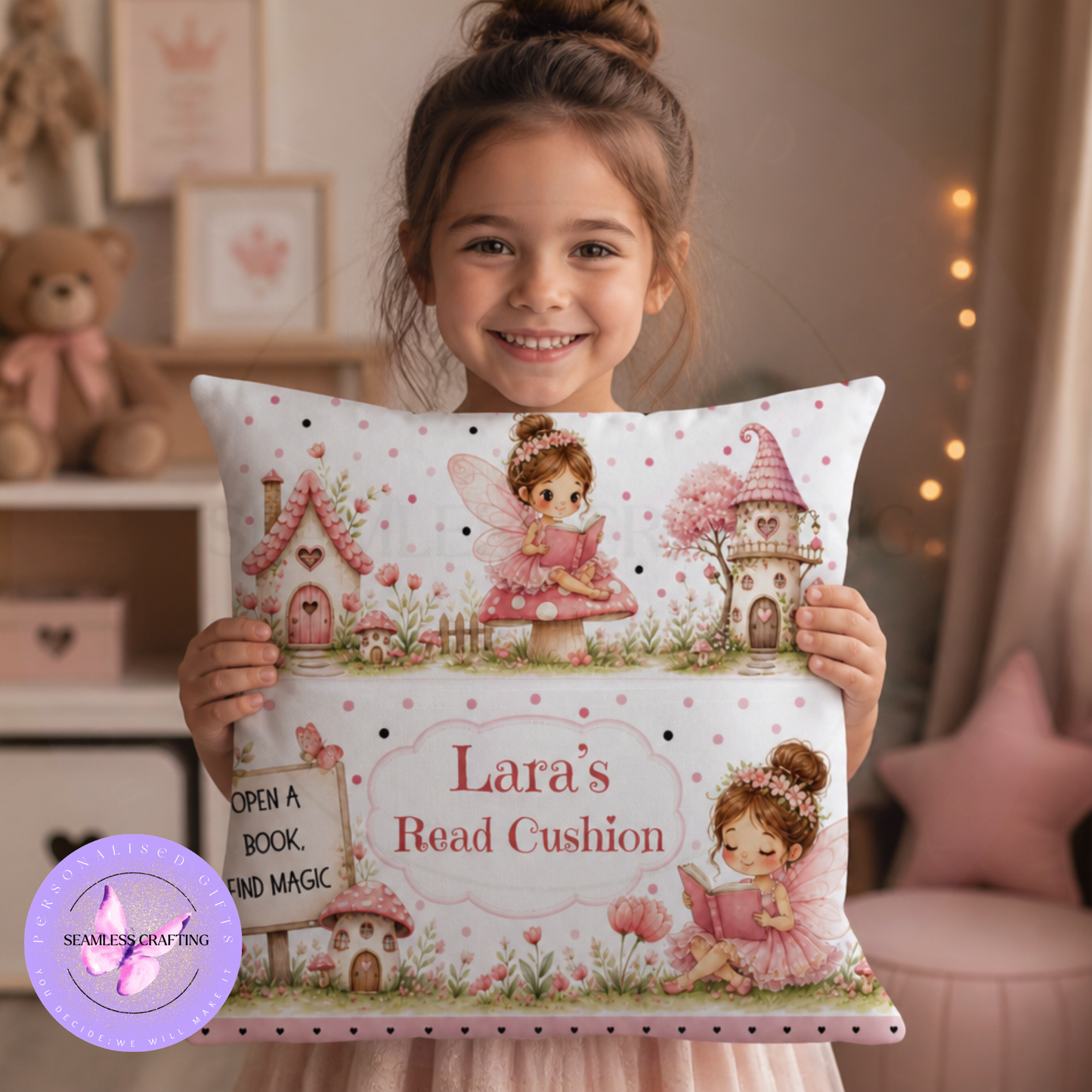 Girl holding personalised fairy reading cushion with pink fairy and storybook design