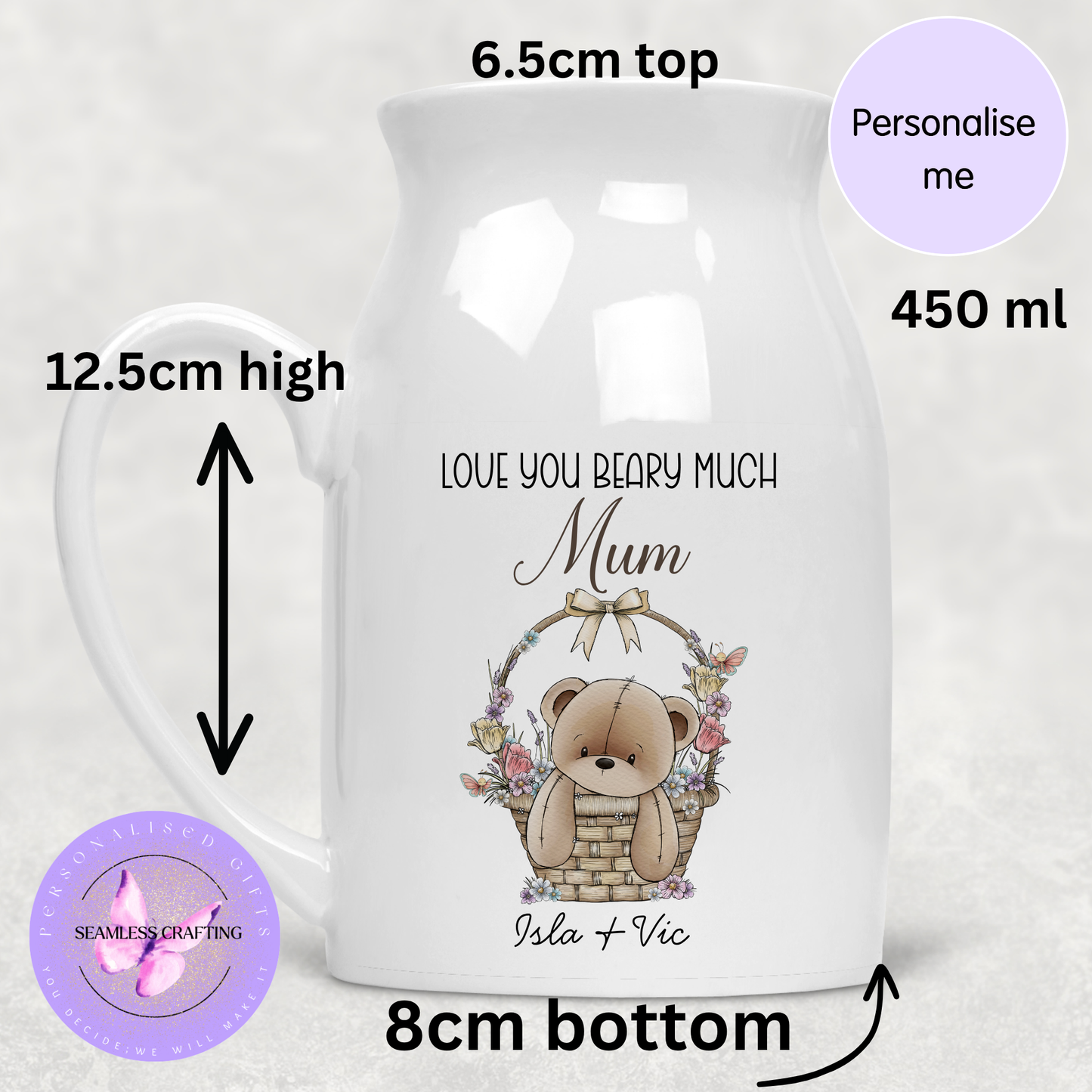 Personalised Flower Jug Vase – Custom Name Gift, Love You Beary Much Teddy Floral Jug, Gift for Mum Nana Sister Friend UK