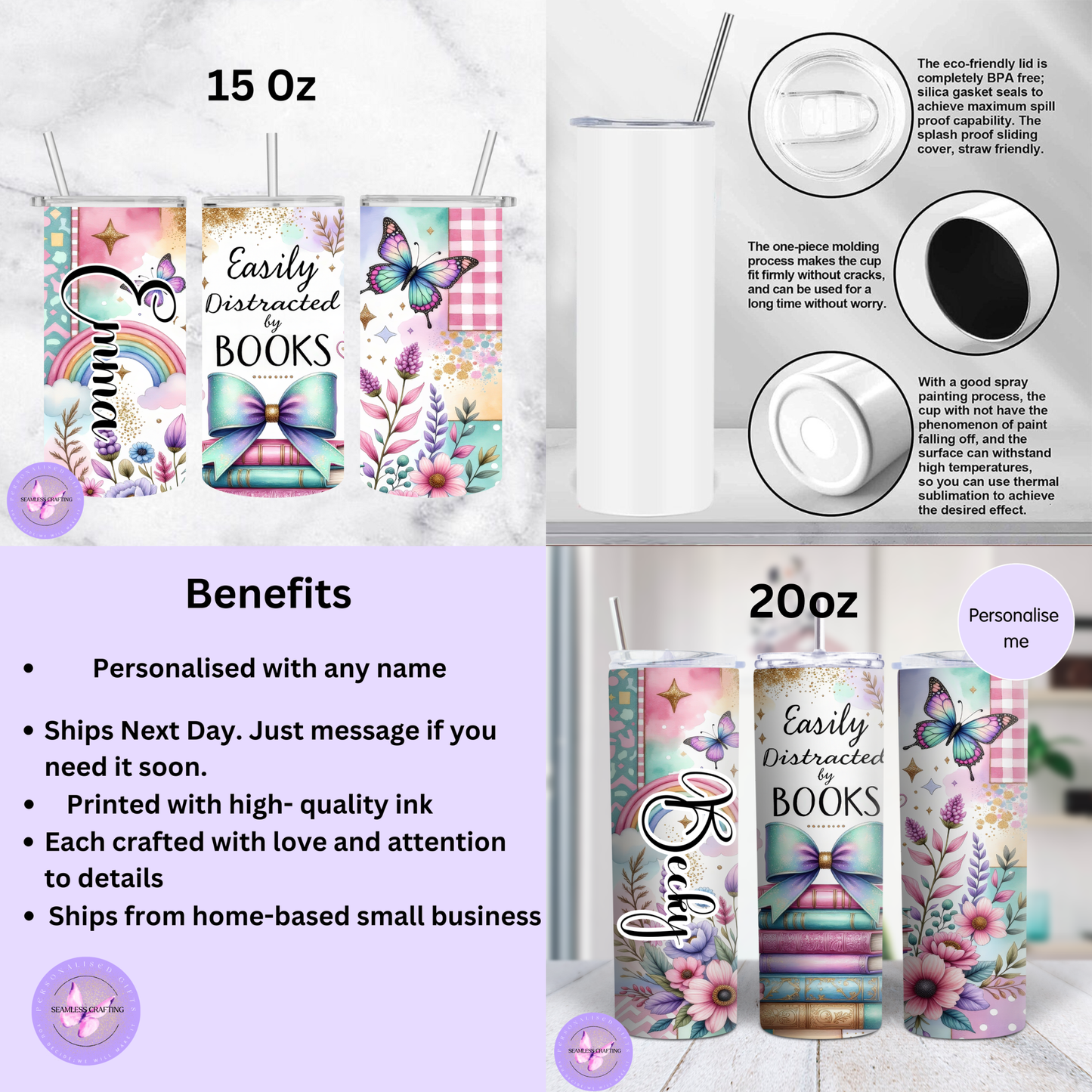 Personalised Book Lover Tumbler 15oz or 20oz – Custom Name “Easily Distracted by Books” Stainless Steel Travel Cup Gift