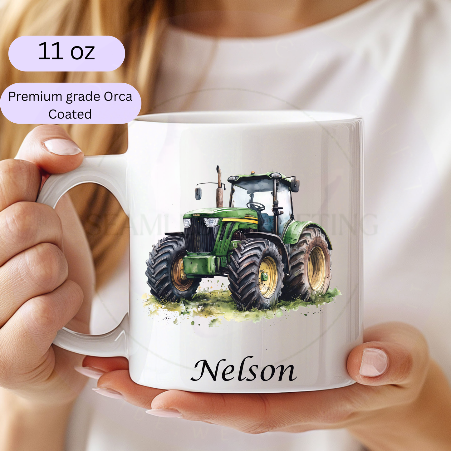 Personalised white ceramic mug with green tractor design and custom name Nelson