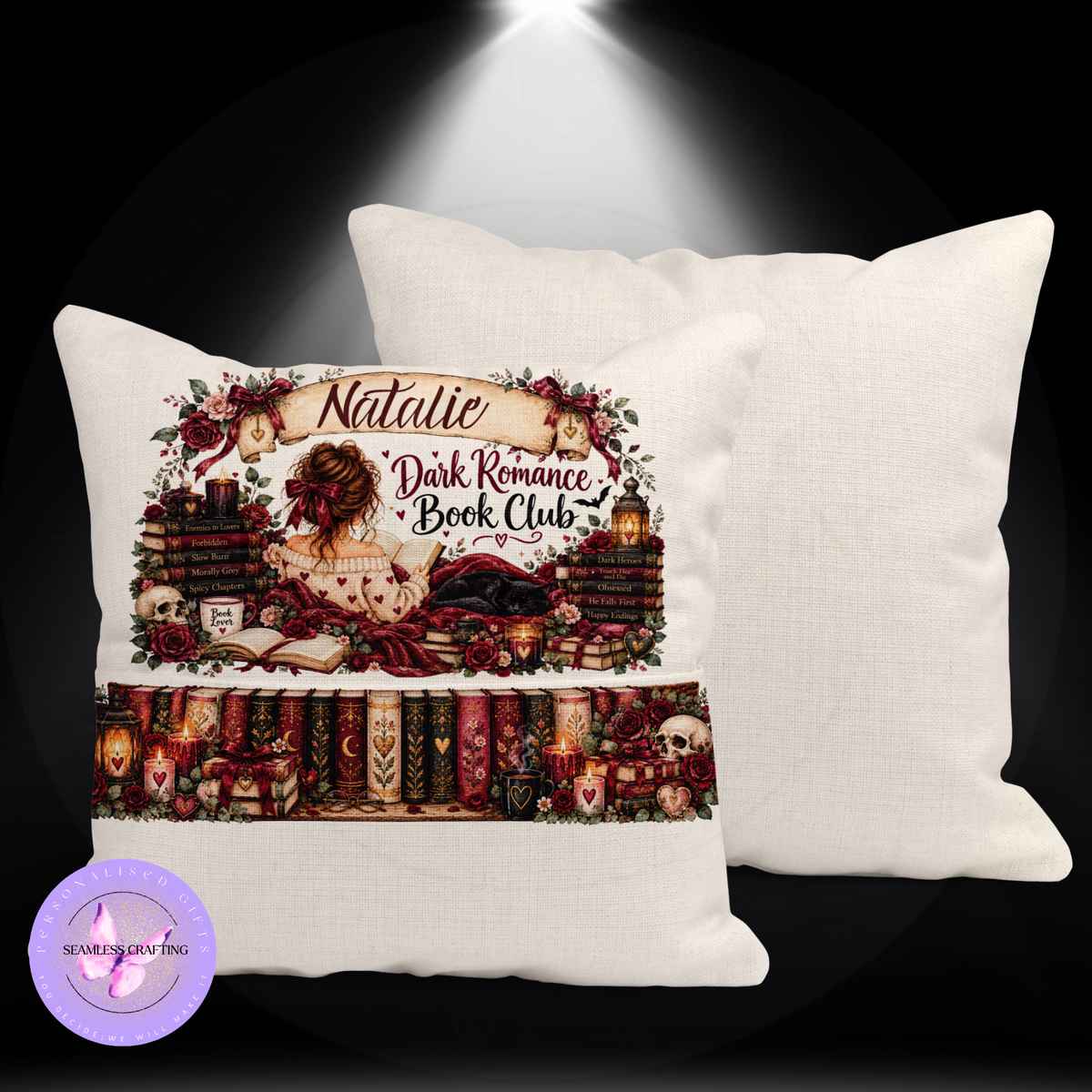 Front and back of personalised dark romance linen reading cushion