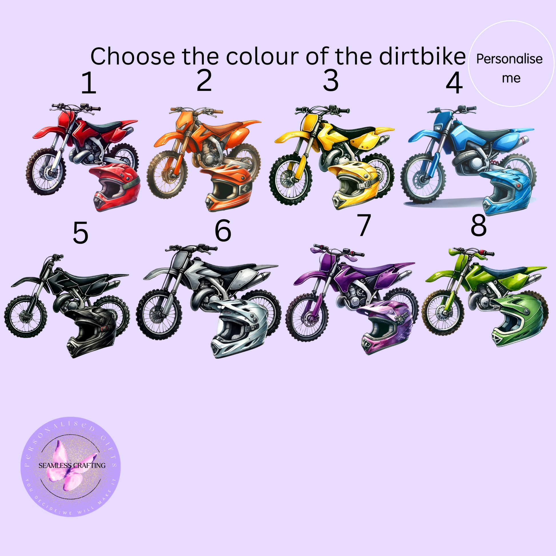 Dirtbikes in various colors on a light purple background with 'Personalise me' option.