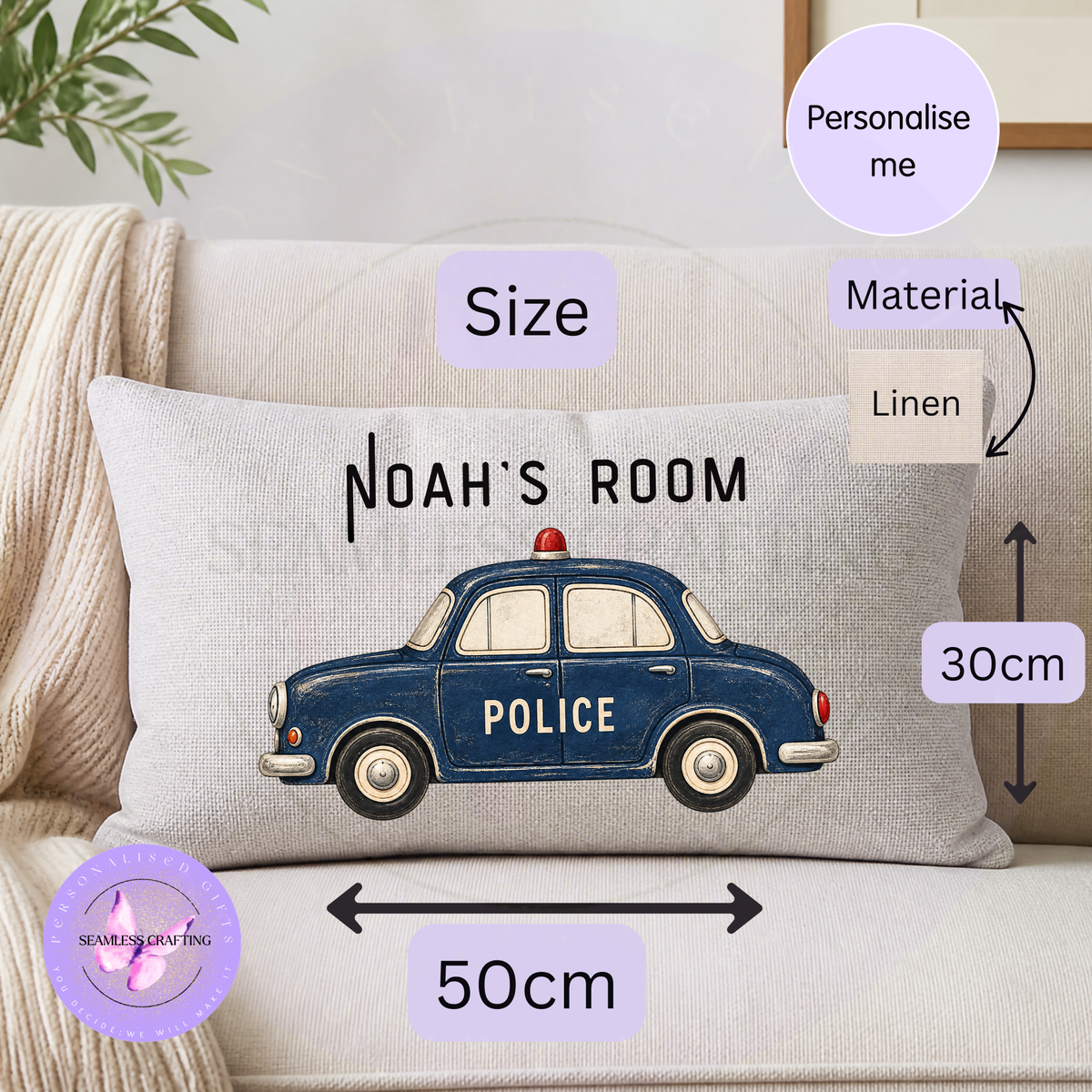 Personalised vintage police car kids bedroom cushion with custom name