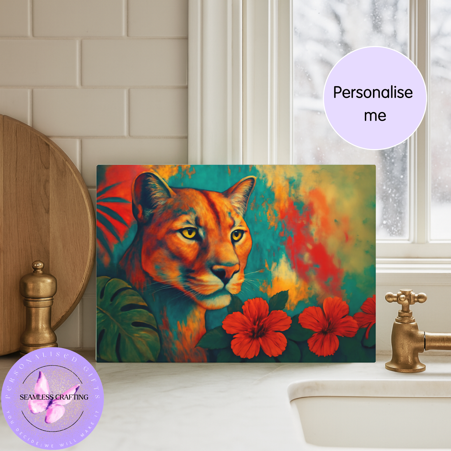 Personalised Lioness Glass Chopping Board Custom Name Worktop Saver Tempered Glass Kitchen Gift Wildlife Design