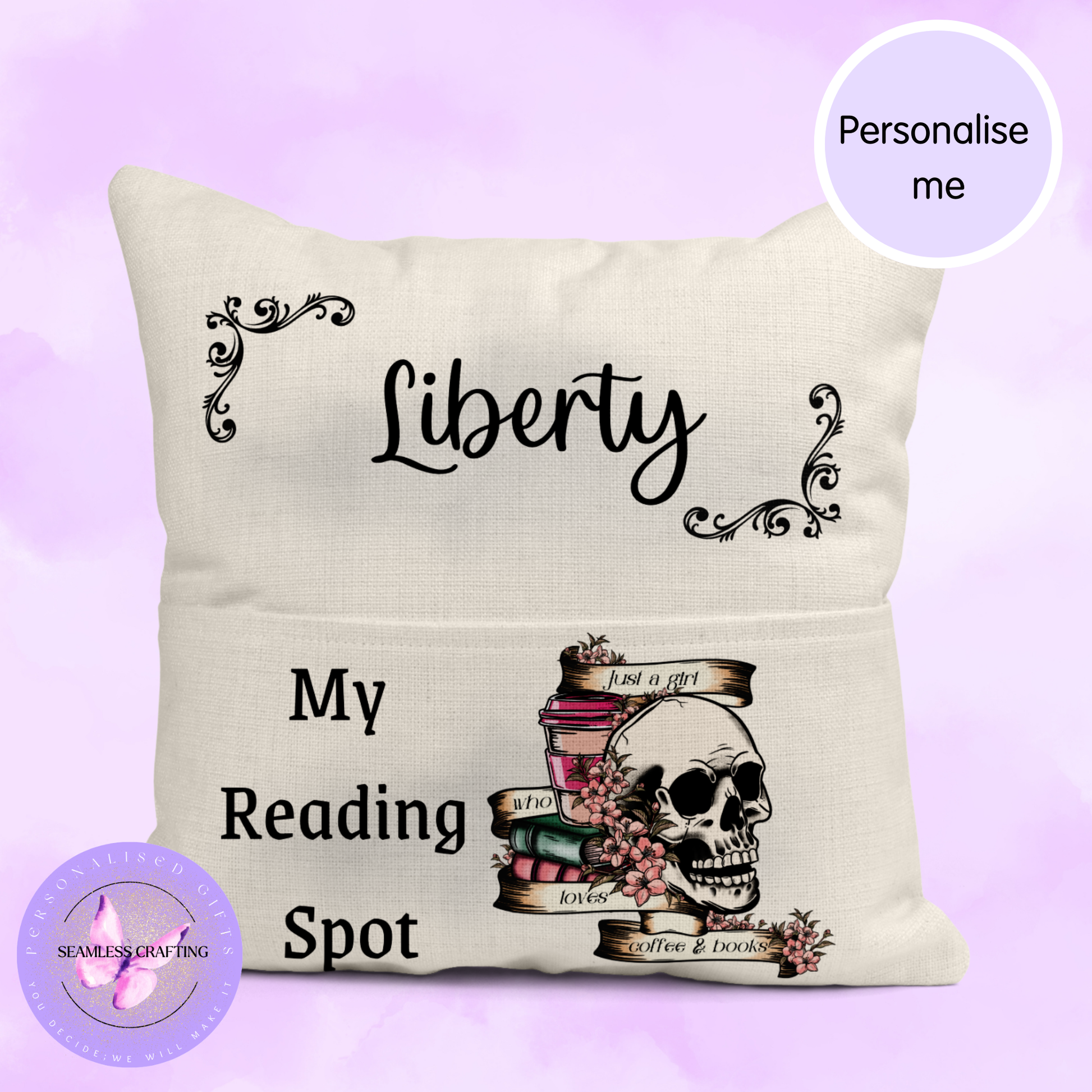 Personalised book lover reading cushion with skull illustration, books and flowers, tea or coffee lover choice