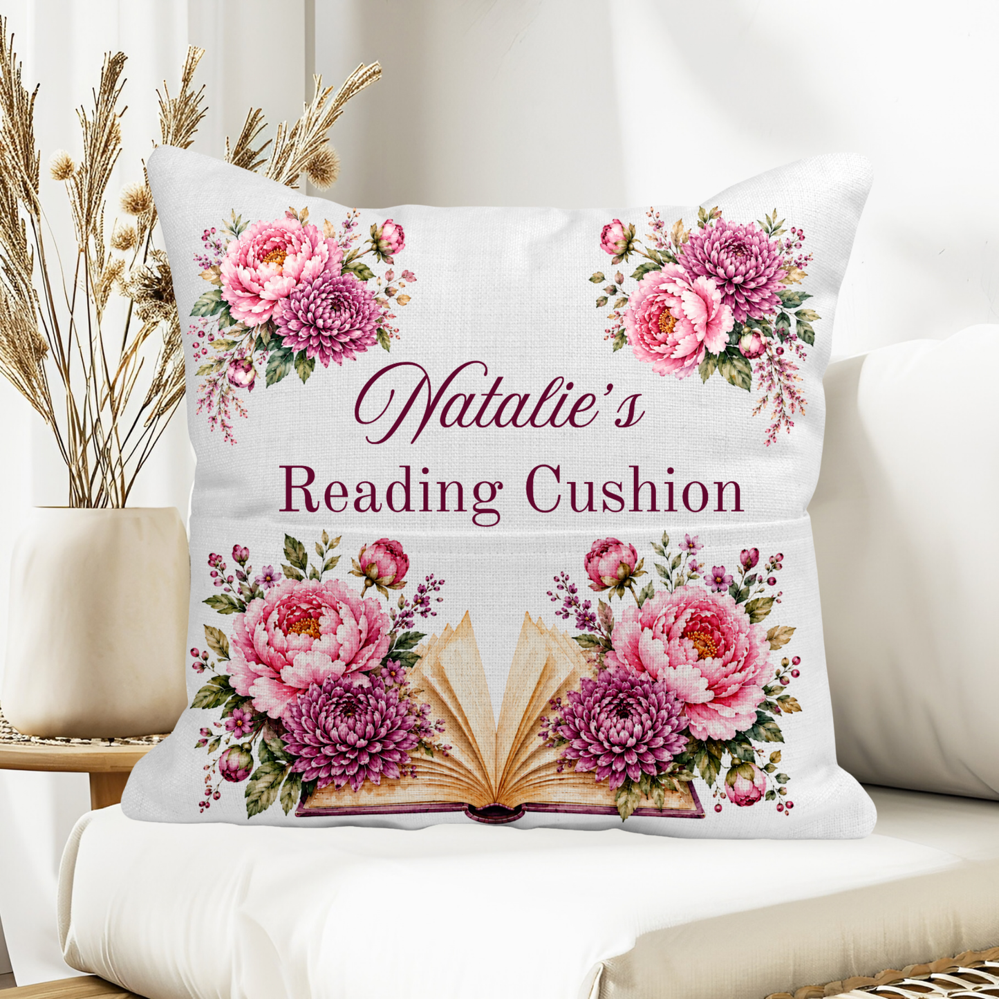 November birth flower book pocket cushion with personalised name, pink peonies, chrysanthemums and open book