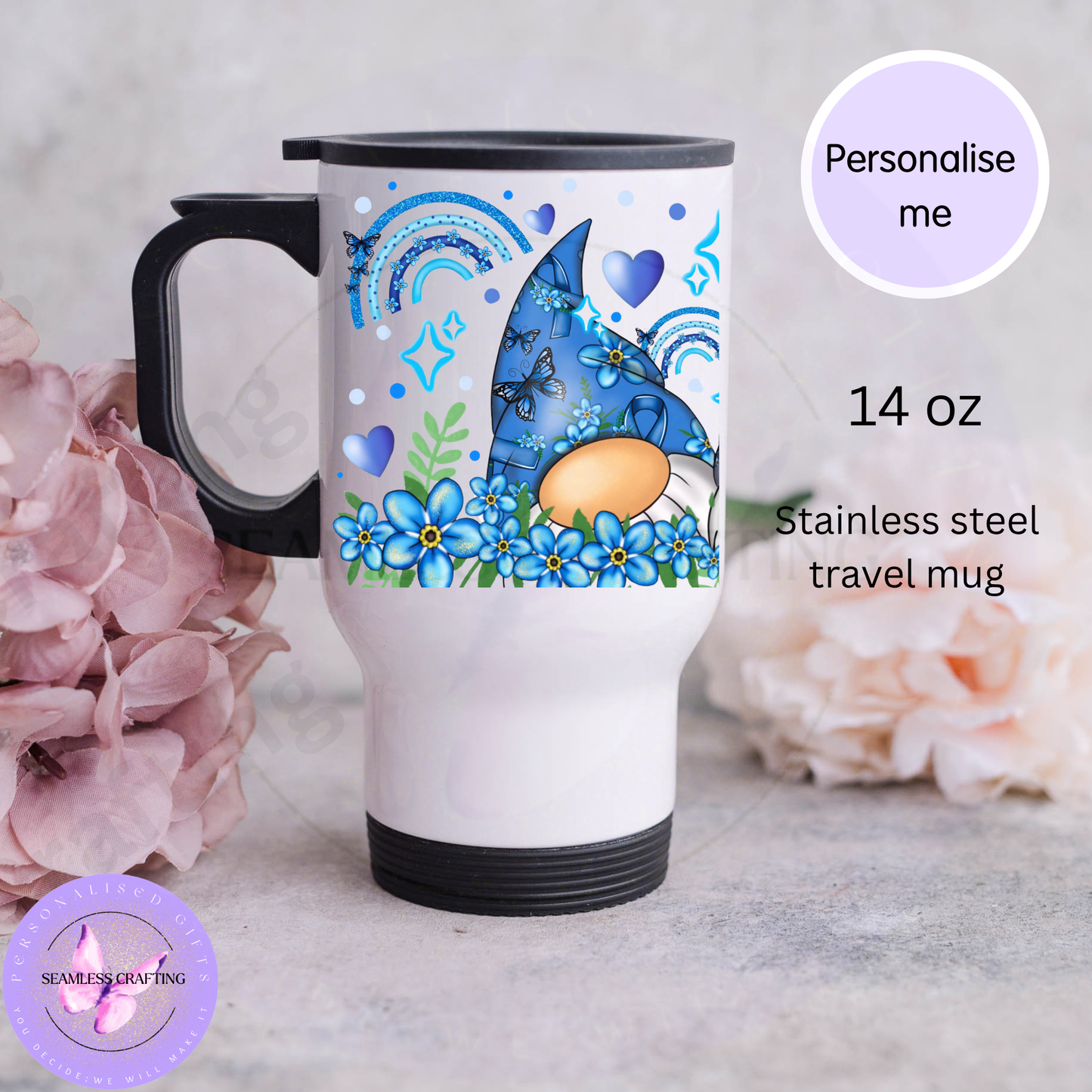 Personalised Forget Me Not dementia awareness gonk 14 oz stainless steel travel mug