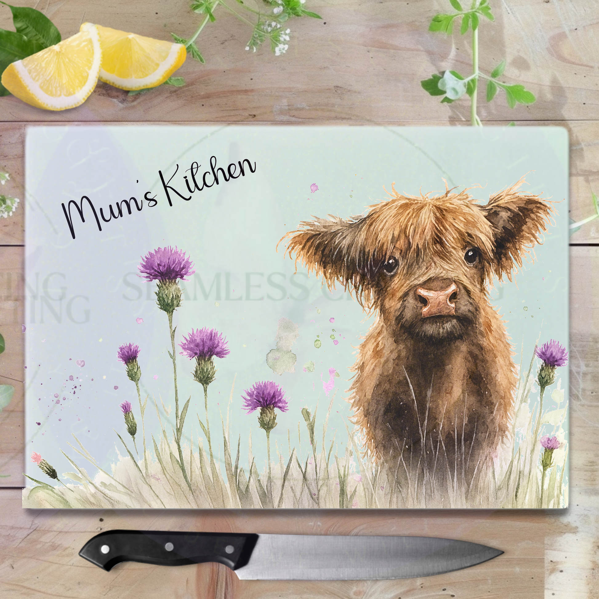 highland cow kitchen board close up thistle field watercolour design