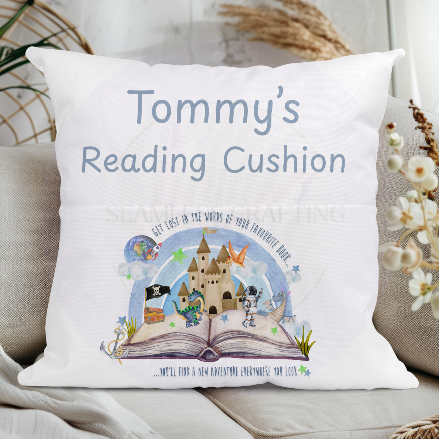 Personalised Storybook Reading Cushion with Pocket – Custom Name Kids Book Pillow, Castle Dragon Adventure Design Gift