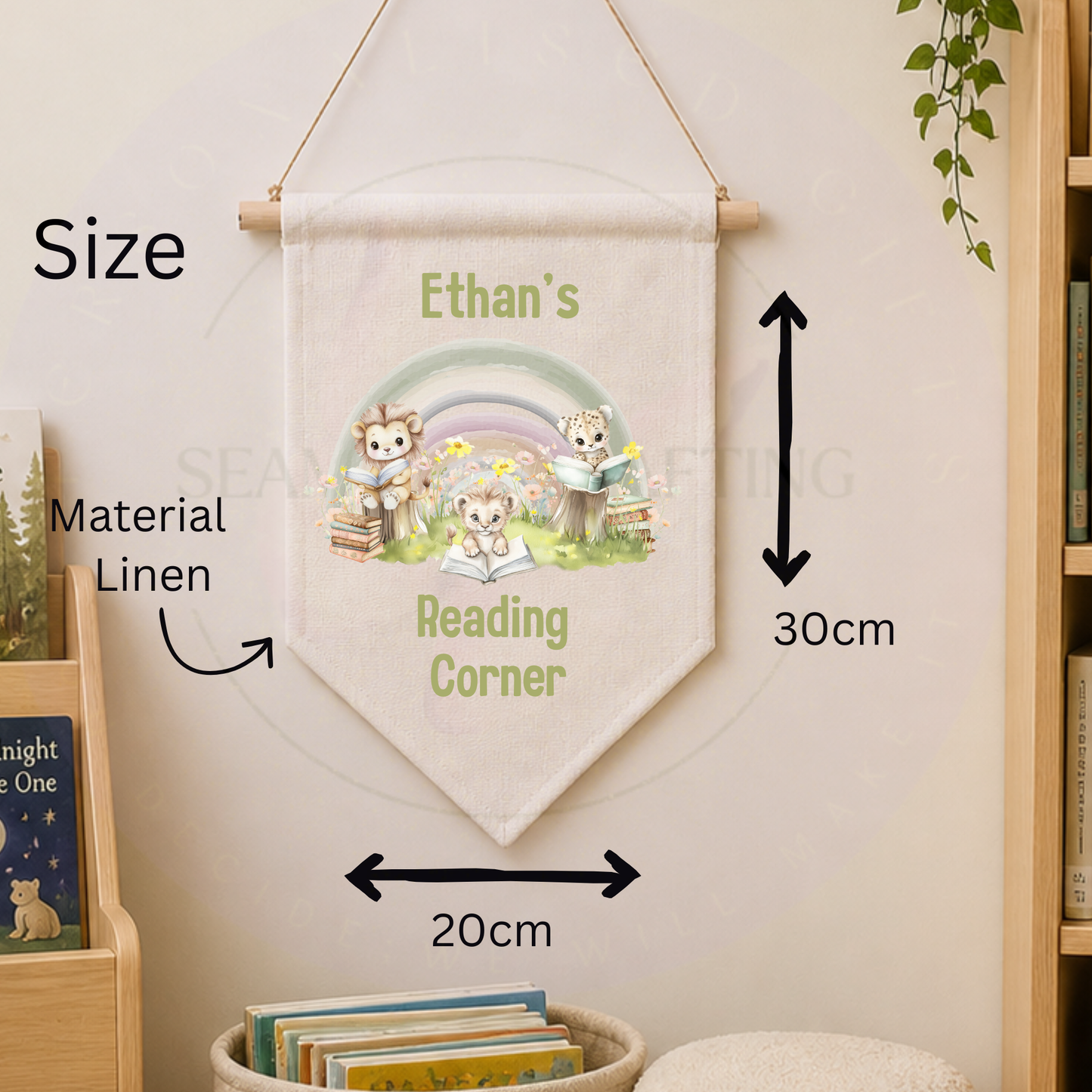 Kids reading corner wall hanging with lion and rainbow design