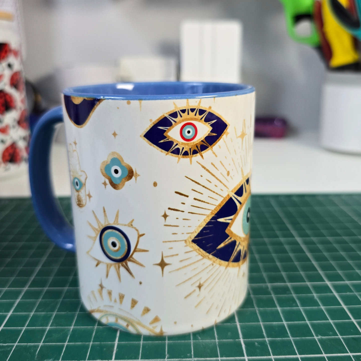 evil eye ceramic mug 11oz blue handle nazar protection coffee cup gold and blue design