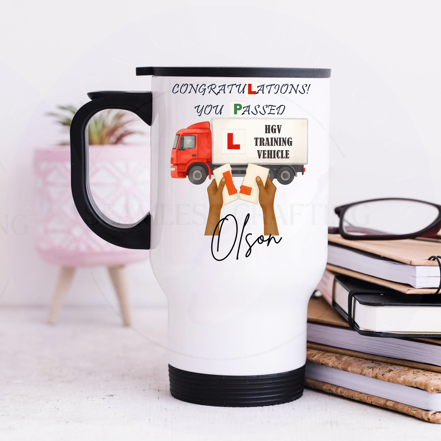 Personalised HGV pass travel mug 14oz, custom name Olson driving test gift, insulated mug for drivers