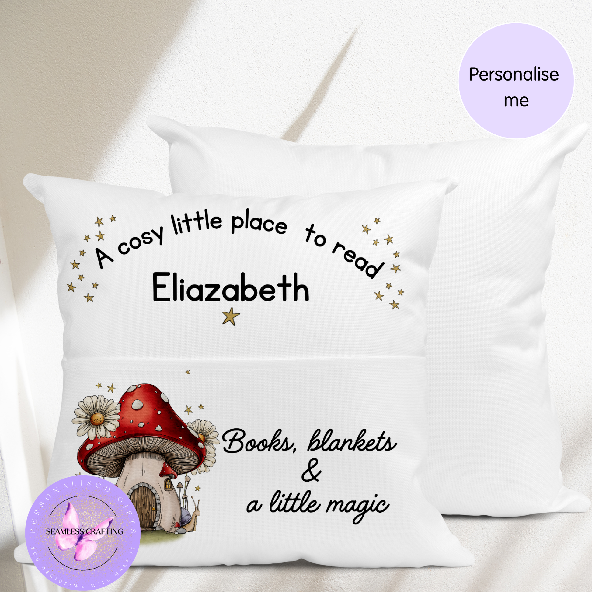 Whimsical children’s reading pillow with pocket displayed in bedroom chair for cosy storytime space