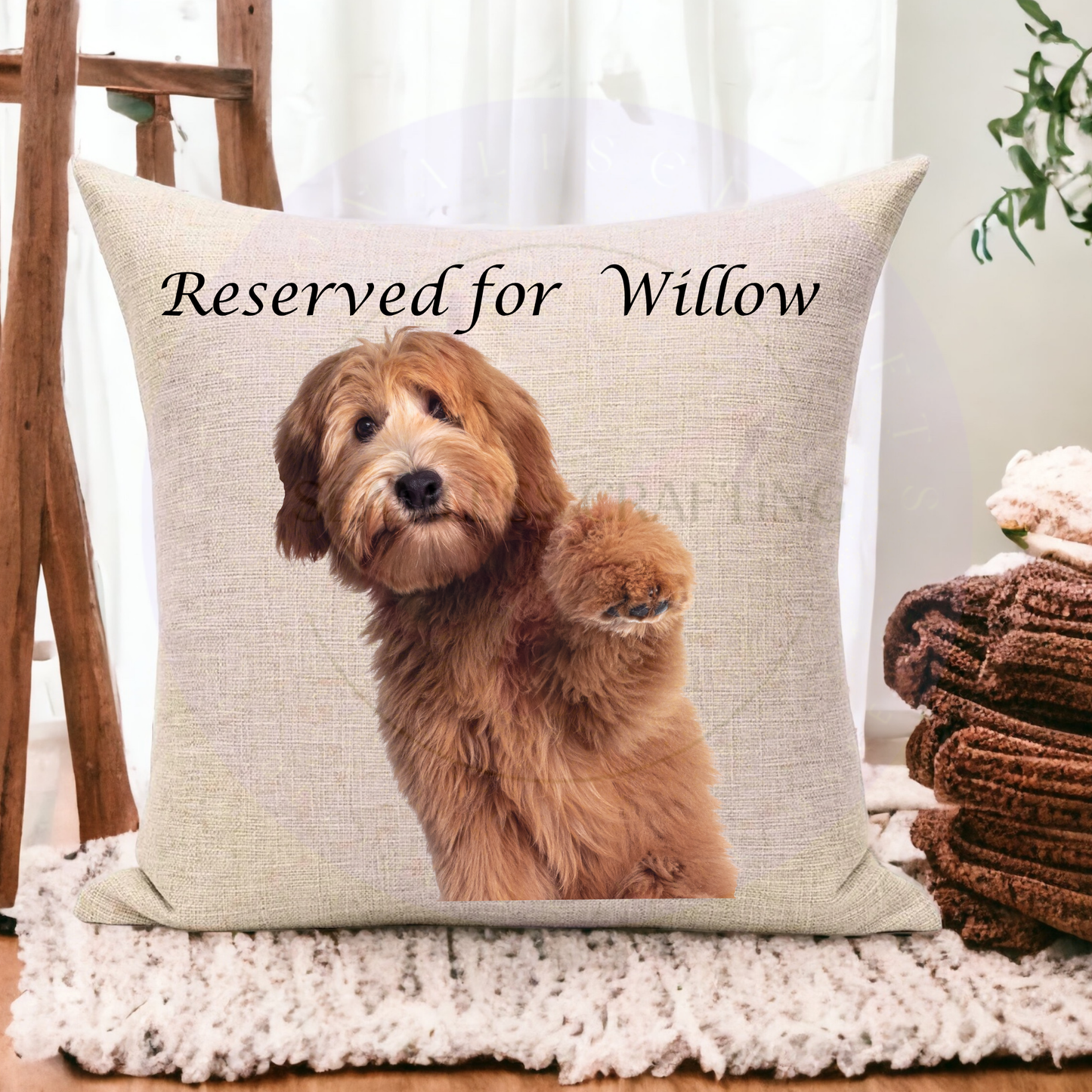 Custom pet pillow with dog portrait and reserved for pet text printed on cushion
