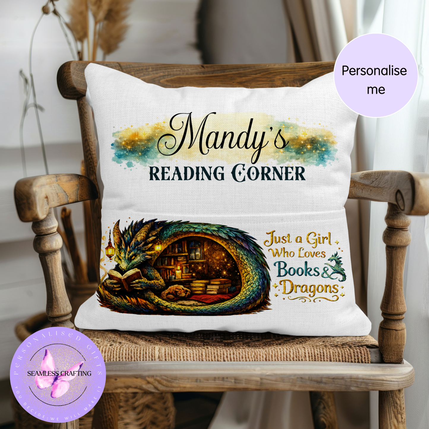 Personalised dragon reading cushion styled on chair in cosy reading nook