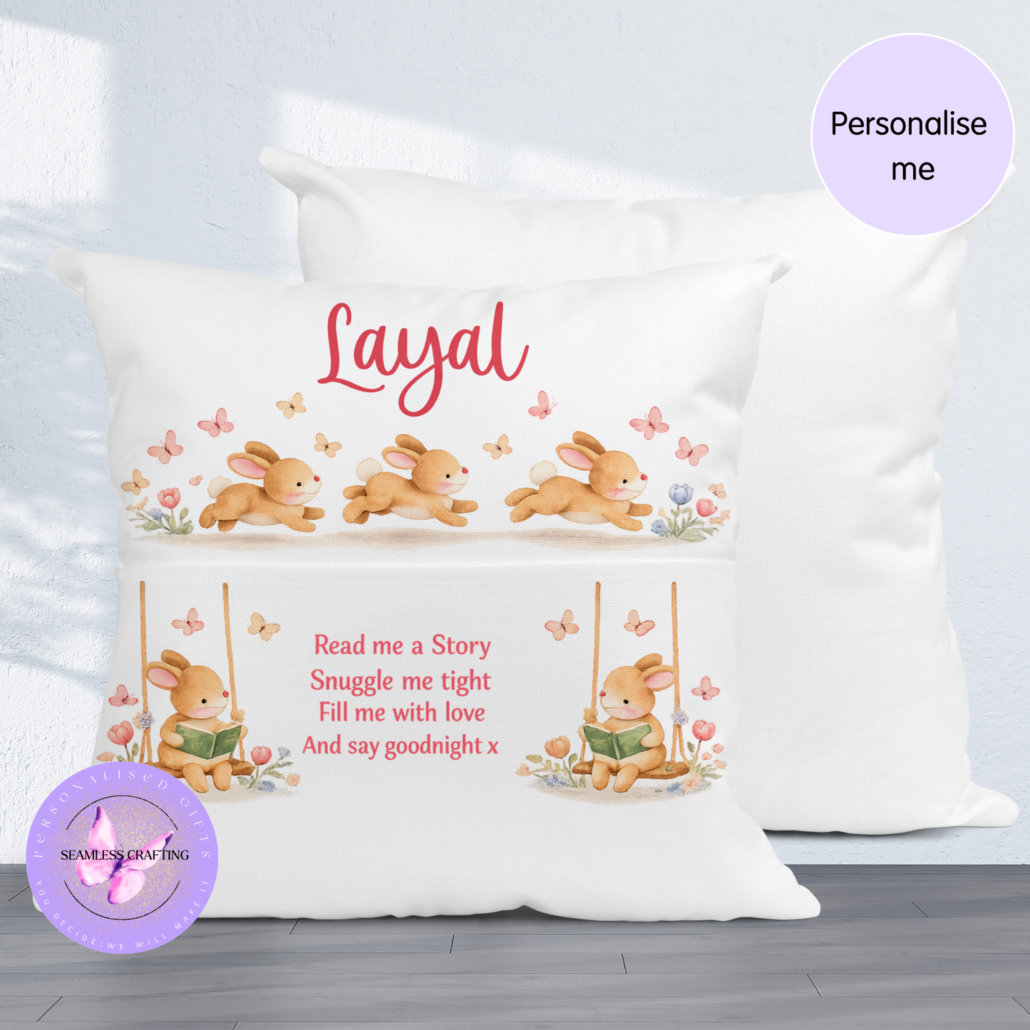 Personalised Bunny Reading Cushion with Pocket – Baby Bedtime Story Pillow – Custom Name Nursery Gift – Bunny Book Cushion