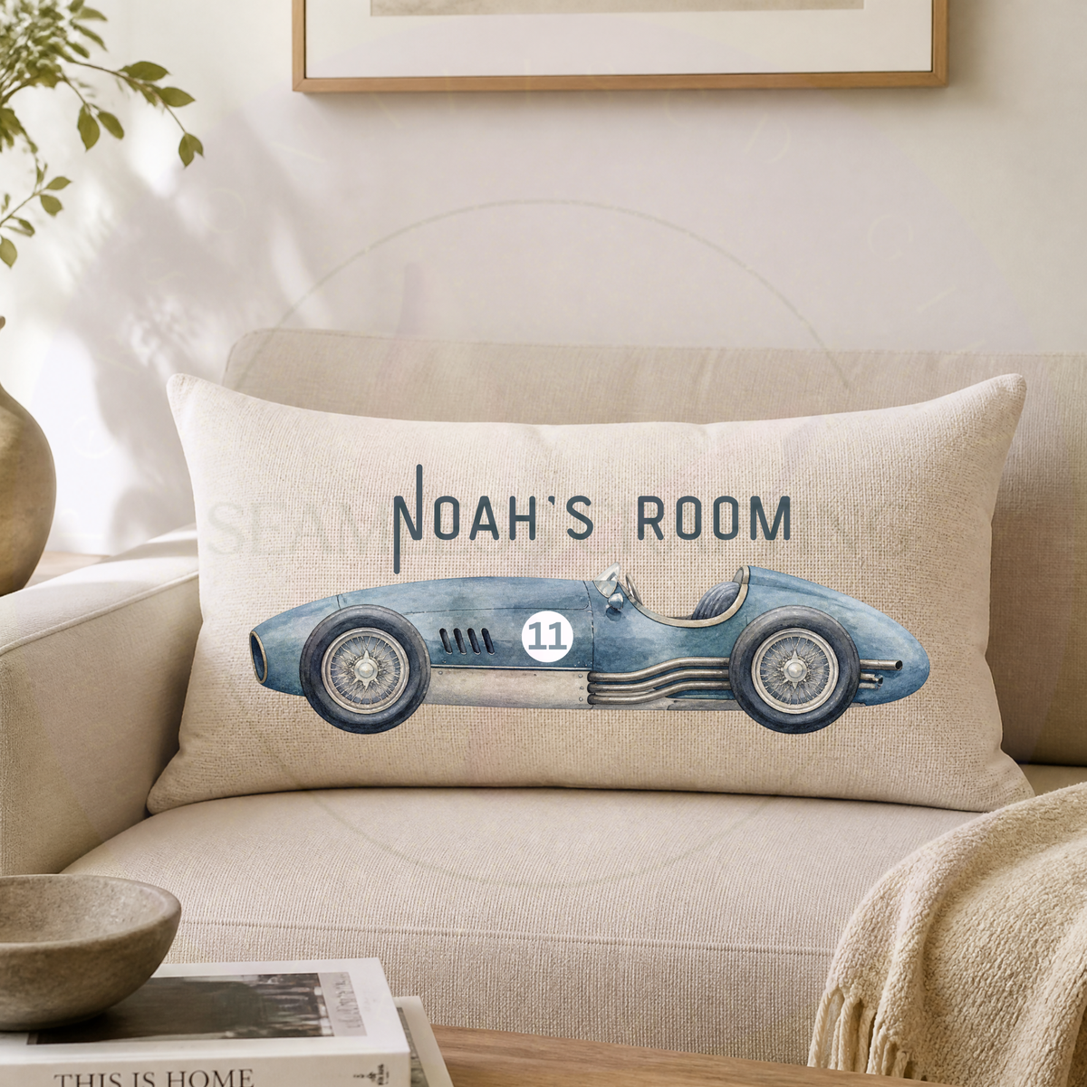 Personalised blue vintage racing car cushion with custom name for motorsport and classic car fan