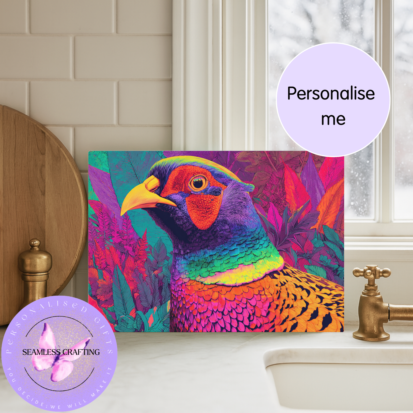 tempered glass chopping board pheasant design custom text
