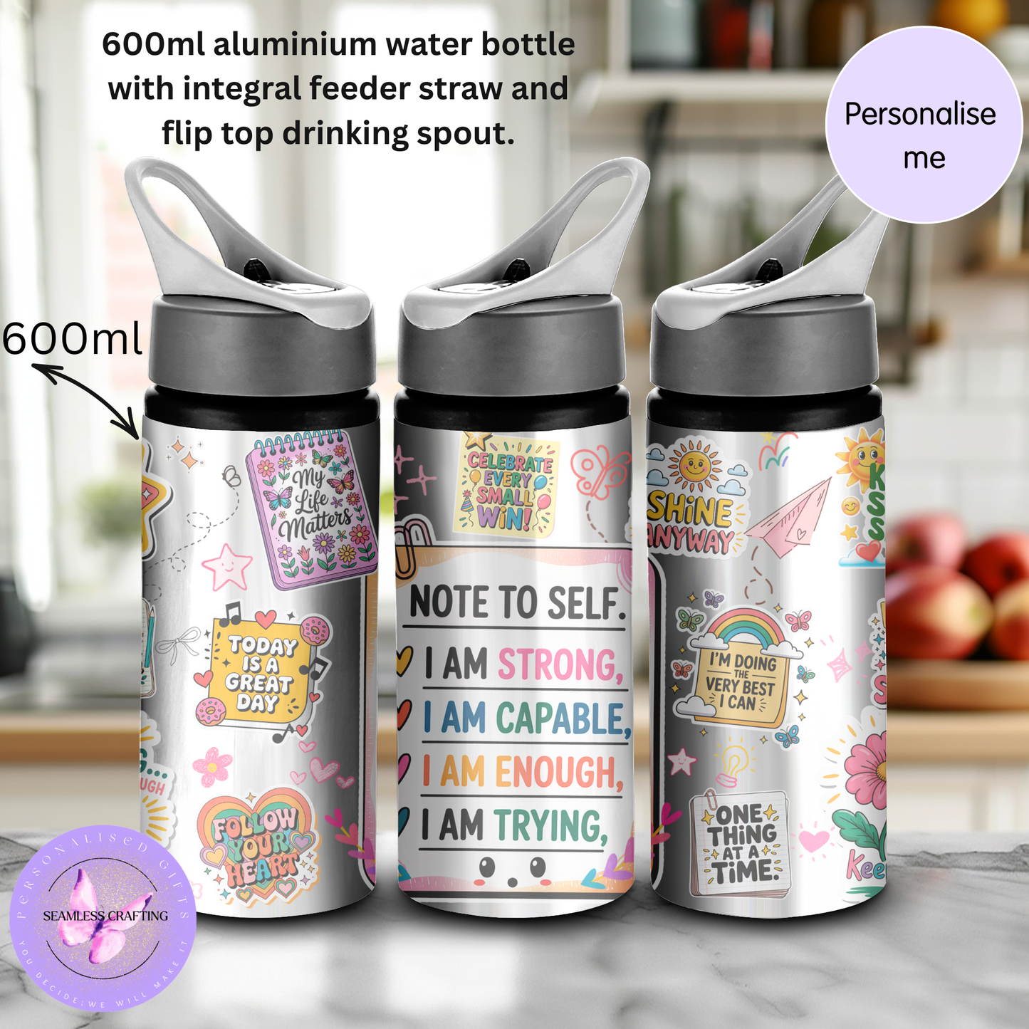Personalised Kids Positive Affirmation Water Bottle 600ml Aluminium BPA-Free with Straw and Flip Top | Custom Name Gift