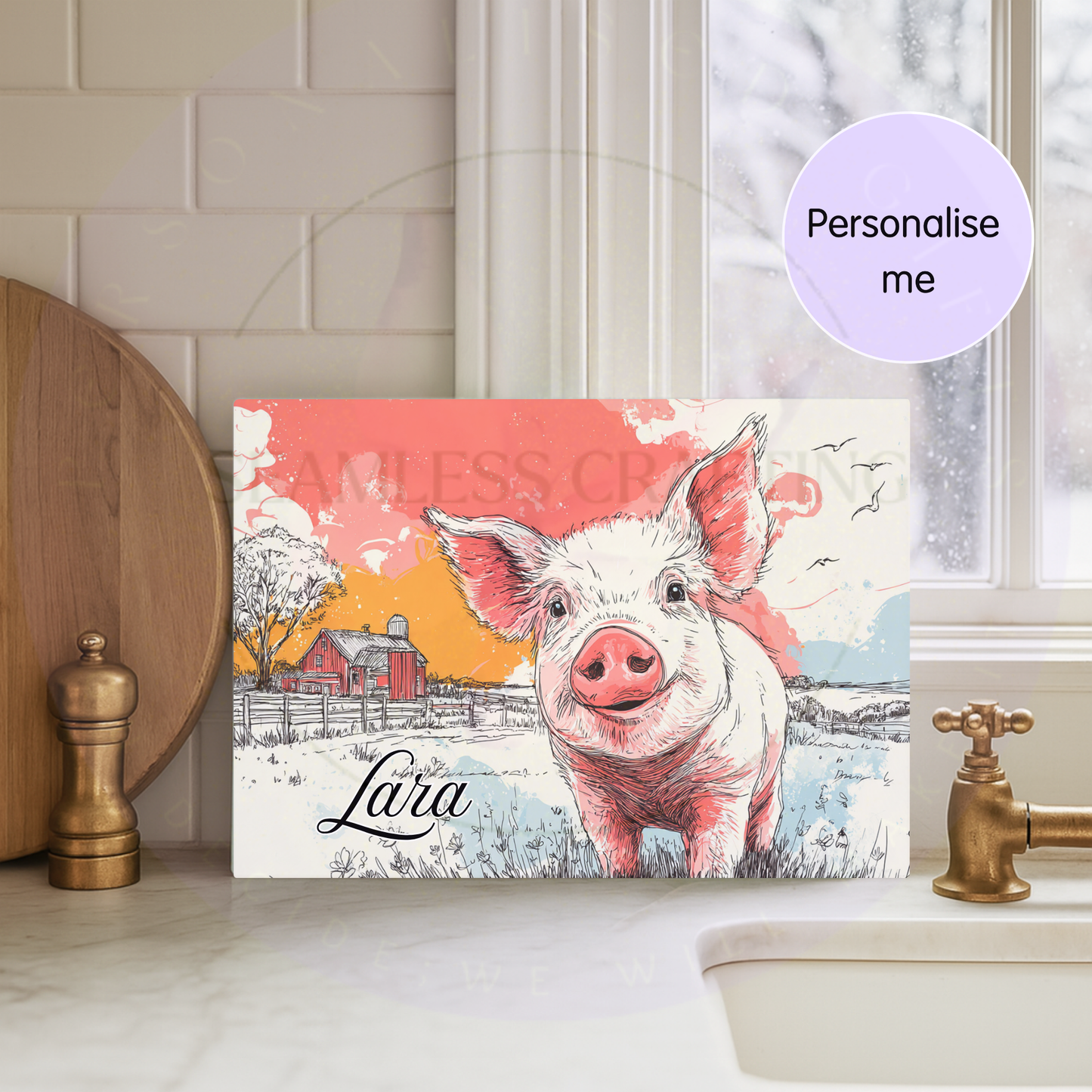 Custom name pig kitchen board heat resistant glass chopping board farmhouse decor