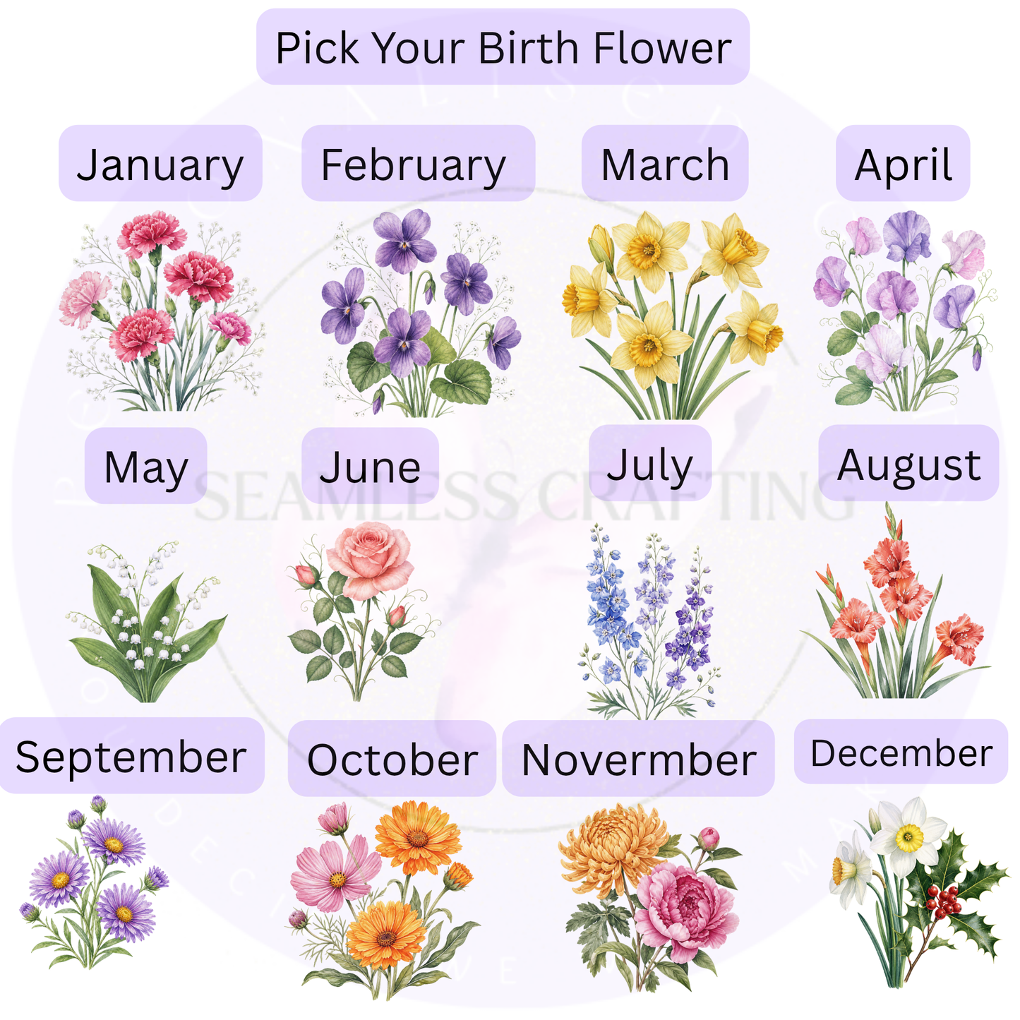 Birth flower cushion choices from January to December with 12 floral designs