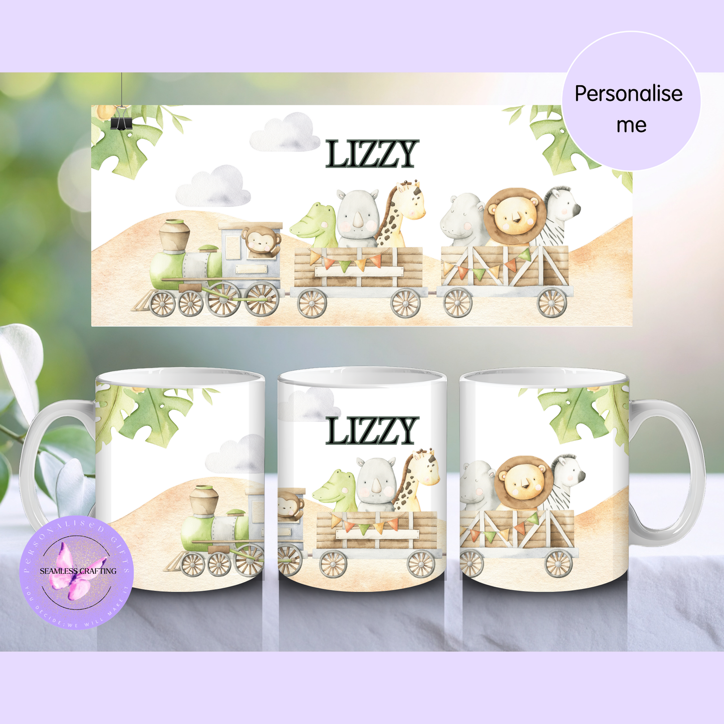 Personalised toddler mug with jungle animals printed using non-toxic ink