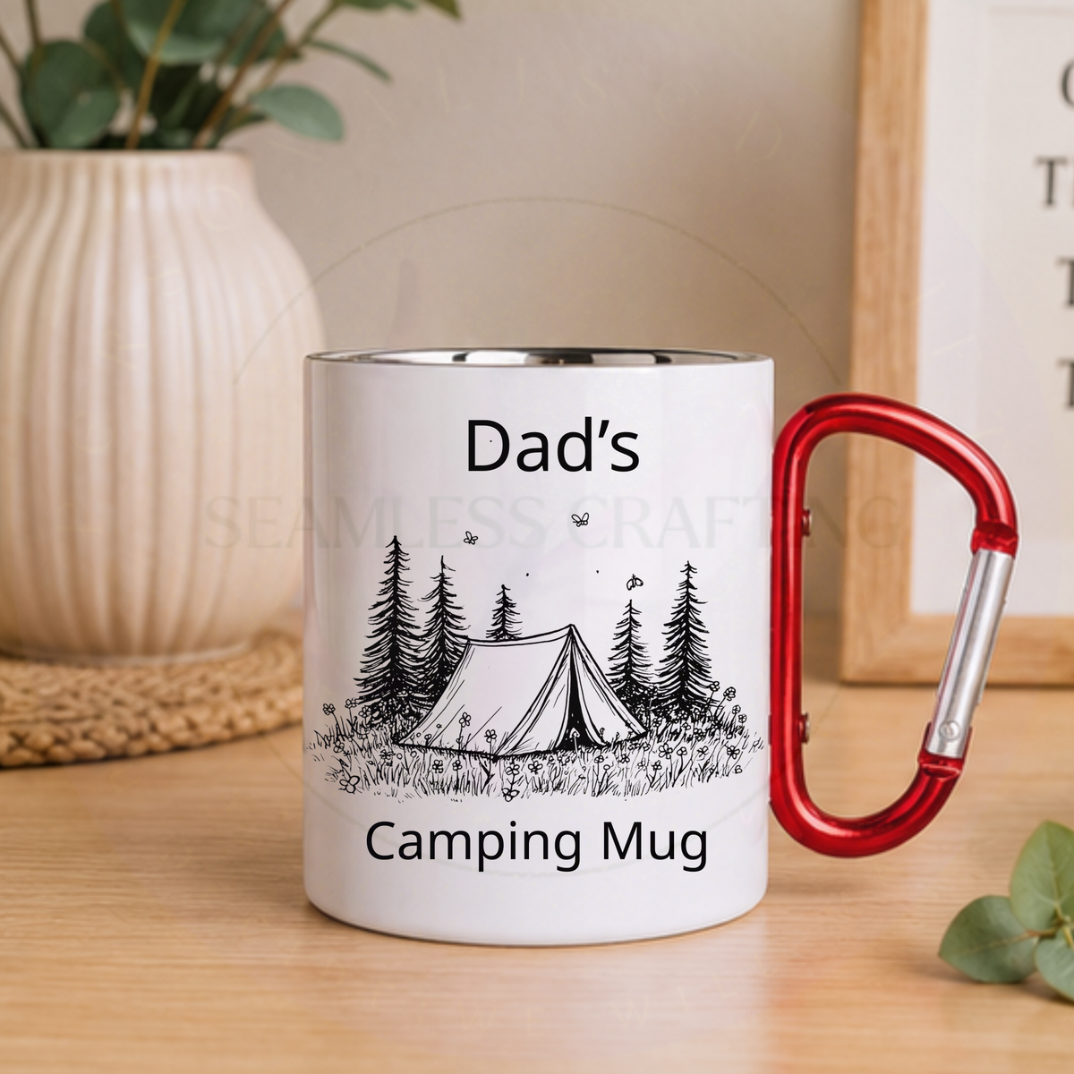 Personalised Dad’s camping mug with black tent, pine trees and red carabiner handle