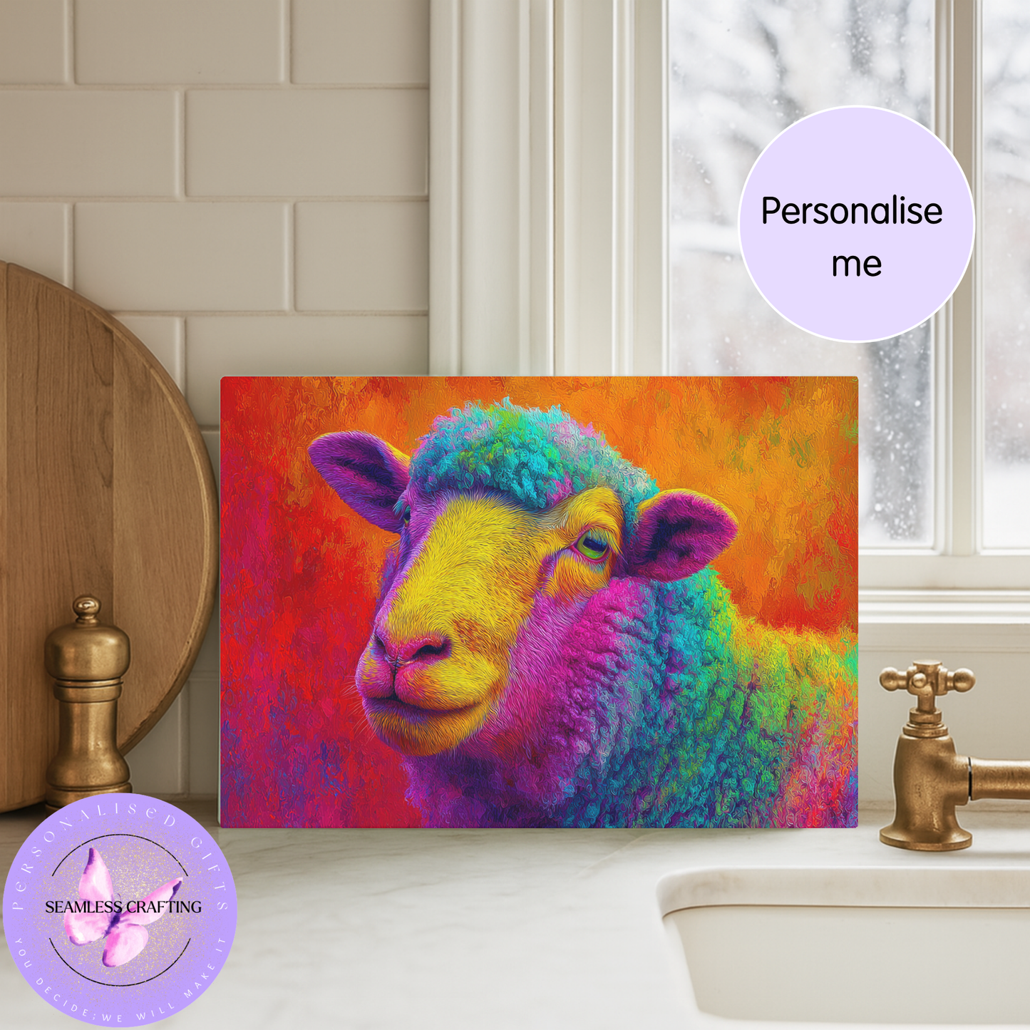 Bright animal glass chopping board sheep design decorative kitchen board personalised gift