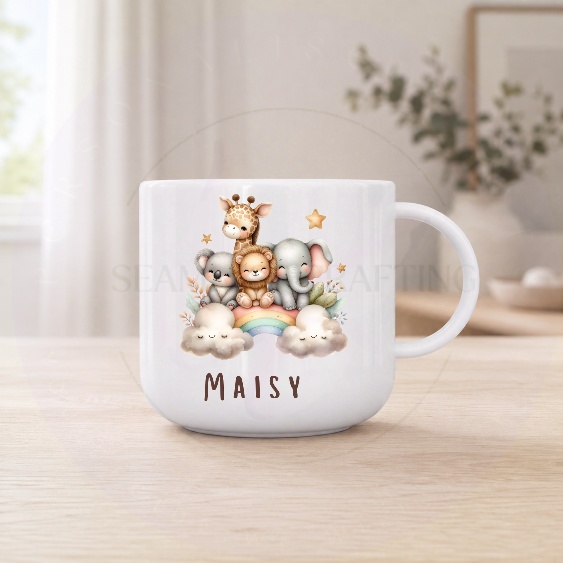 Personalised safari animal children's mug with pastel rainbow and name Maisy