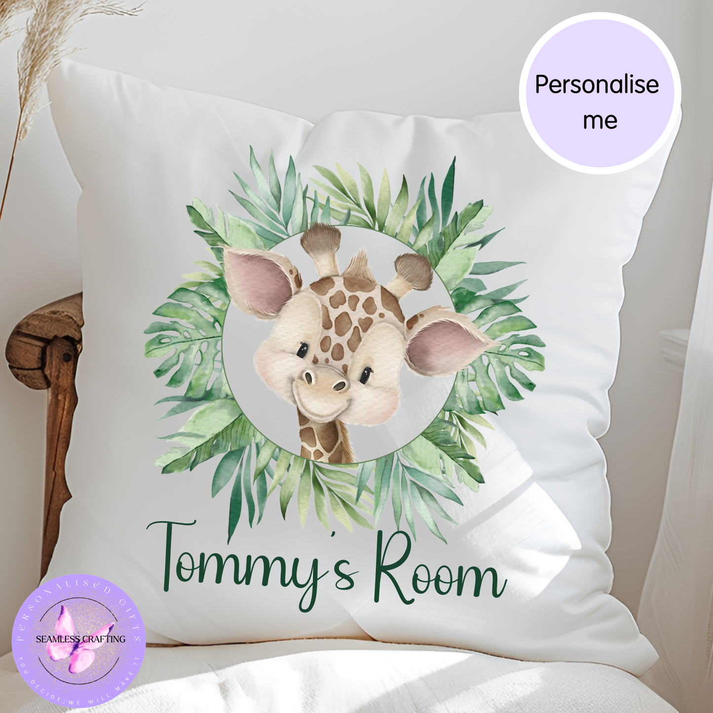 Personalised Jungle Animal Cushion – Custom Name Nursery Pillow – Elephant, Lion, Monkey – Kids Bedroom Decor 40×40cm