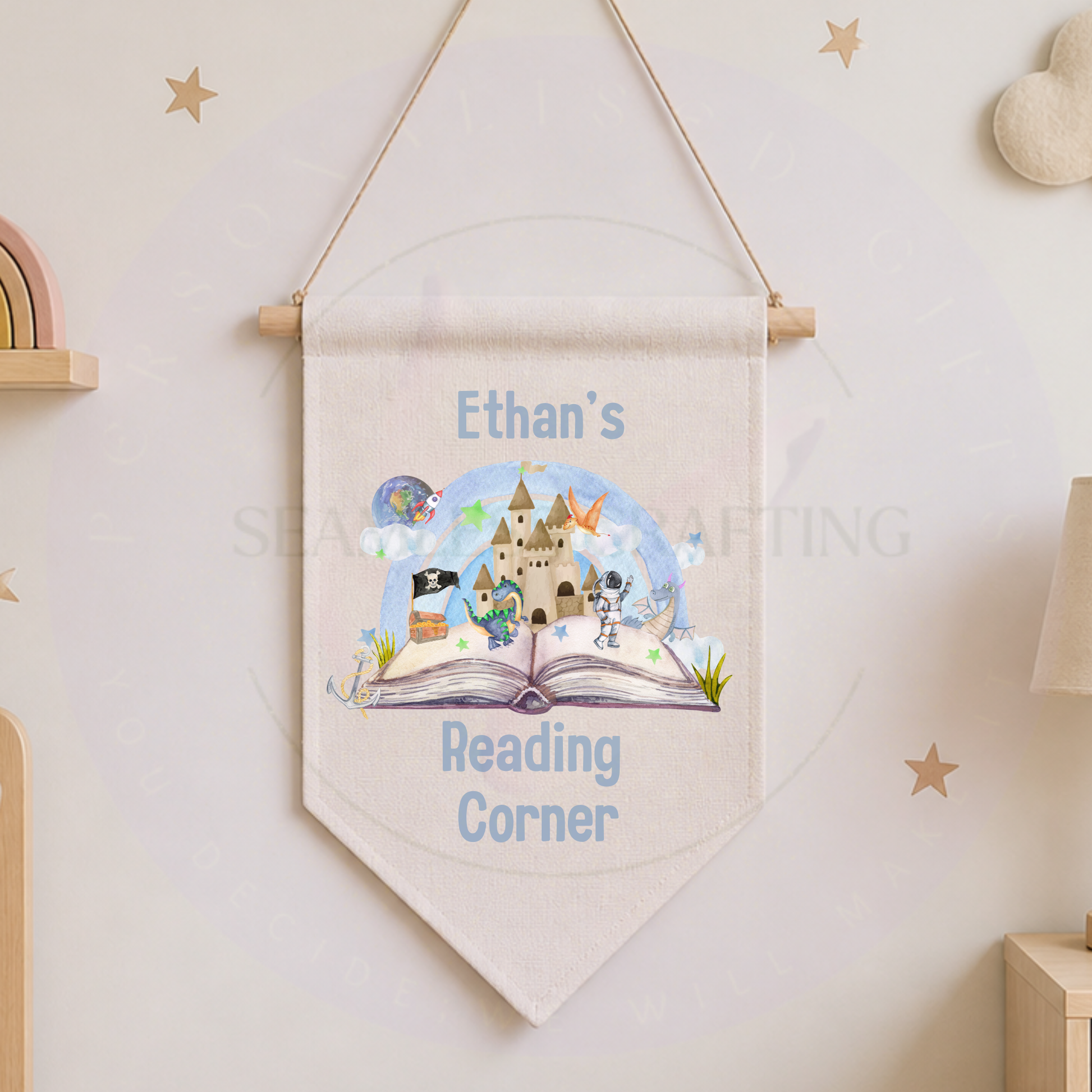 Personalised reading corner banner with name Ethan, kids nursery wall decor book nook sign linen fabric wall hanging