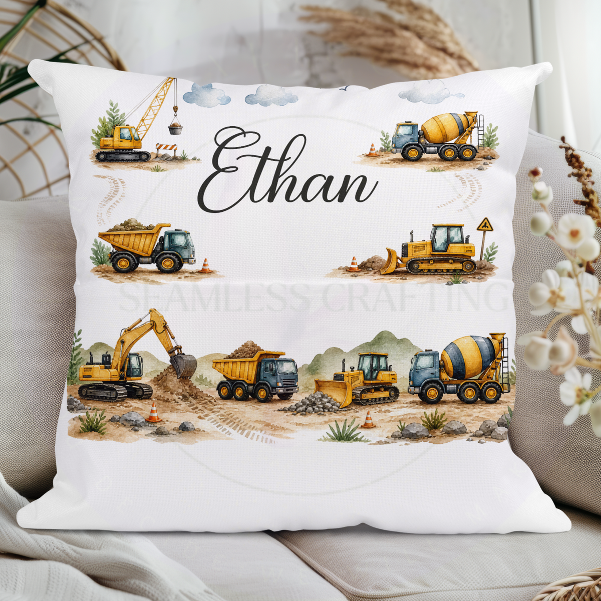 Personalised digger cushion with excavator dump truck bulldozer and cement mixer