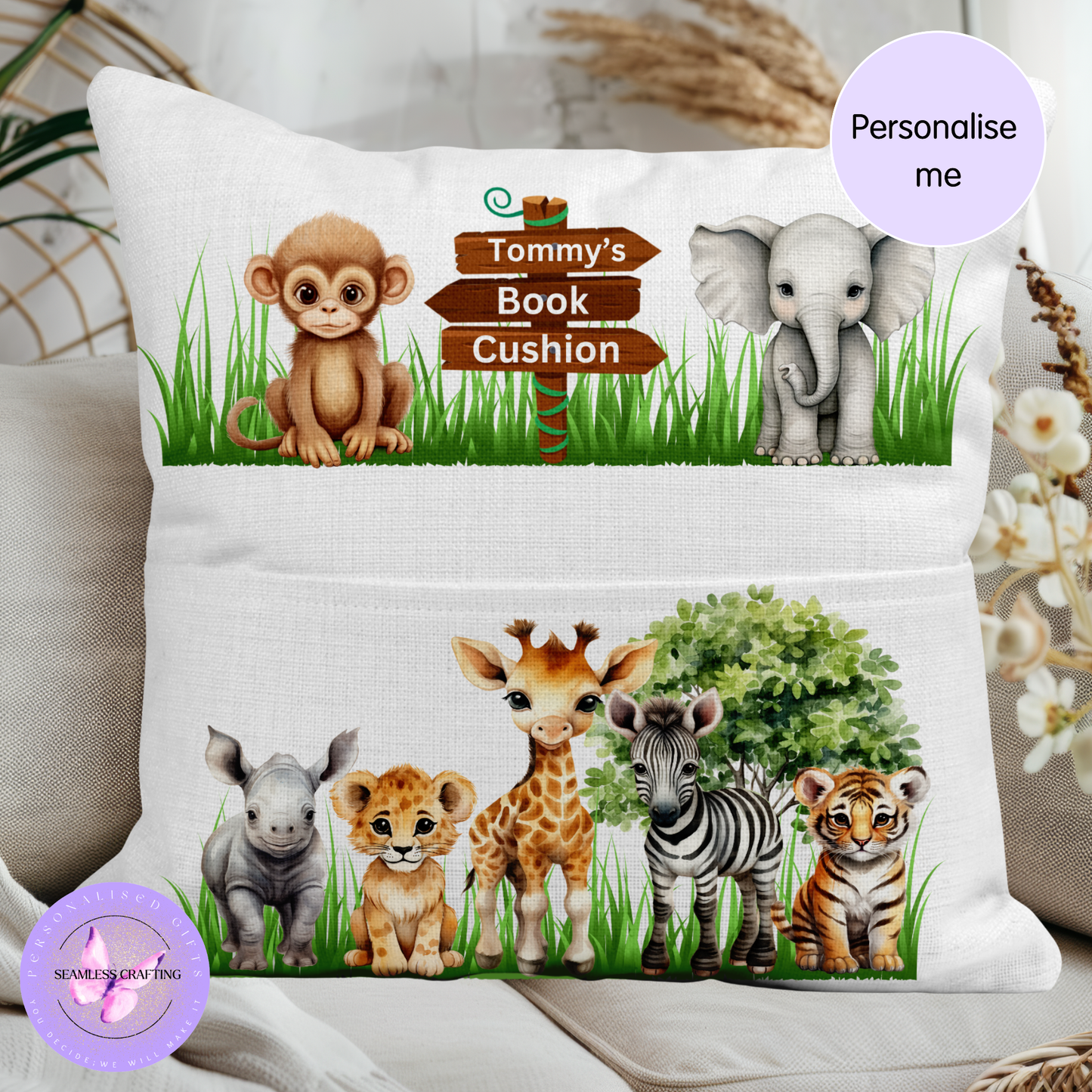 Personalised jungle animal book cushion with pocket for children reading
