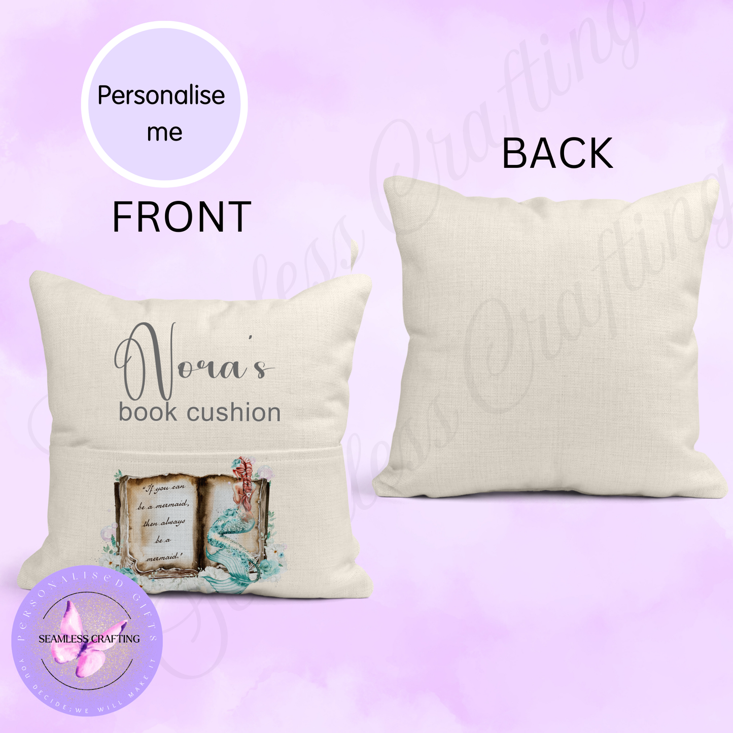 Personalised Mermaid Reading Pocket Cushion | Custom Name Book Cushion | Girls Bedroom Reading Gift | 40x40cm Linen Canvas Cushion