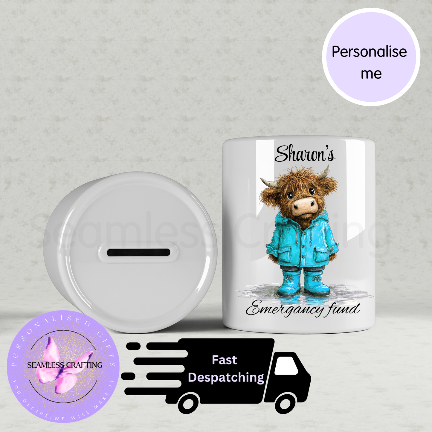 Personalised emergency fund savings pot handmade in the UK