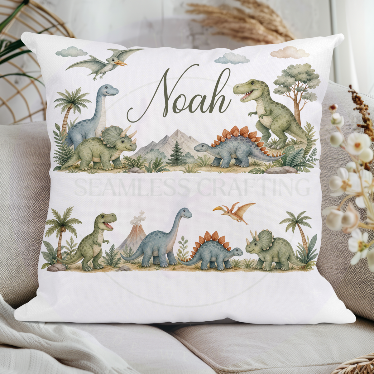 Personalised dinosaur book pocket cushion featuring child's name Noah