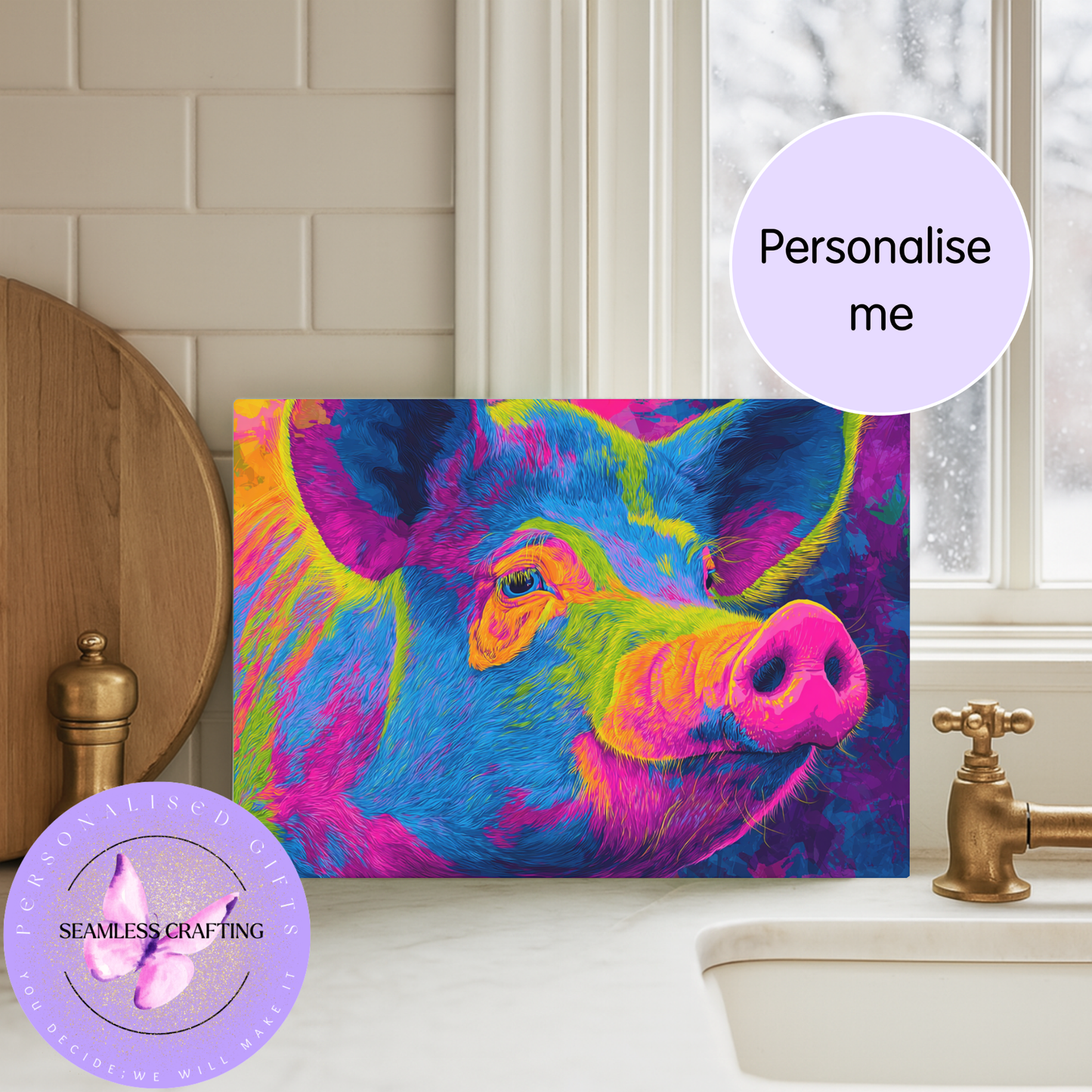 Glass worktop saver pig illustration colourful kitchen chopping board
