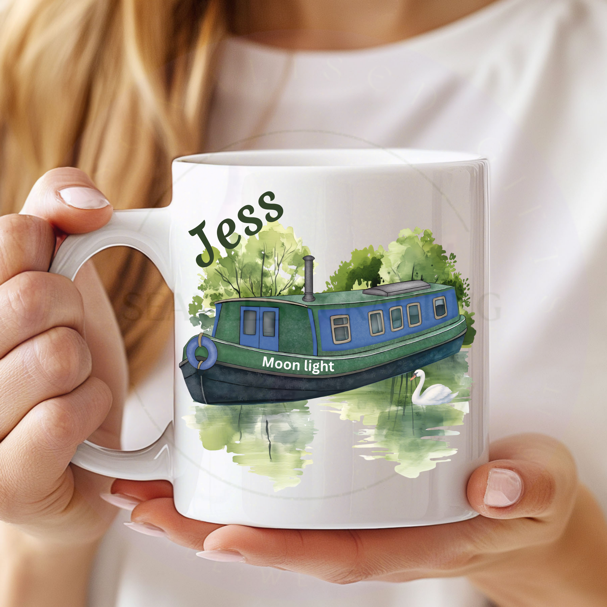 Personalised narrowboat owner mug with custom name and black handle