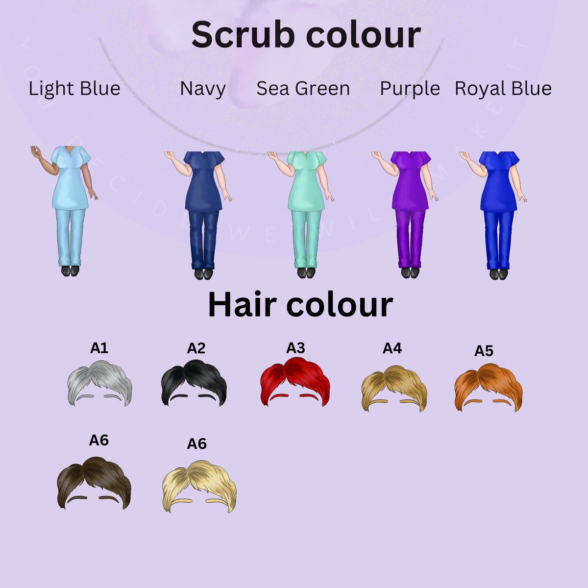 Dental character personalisation chart showing scrub and hair colour choices