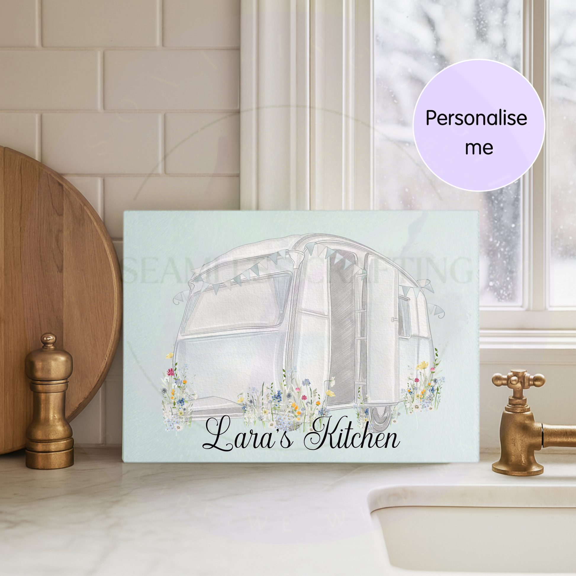 Personalised caravan chopping board showing custom name option with wildflower camper van design