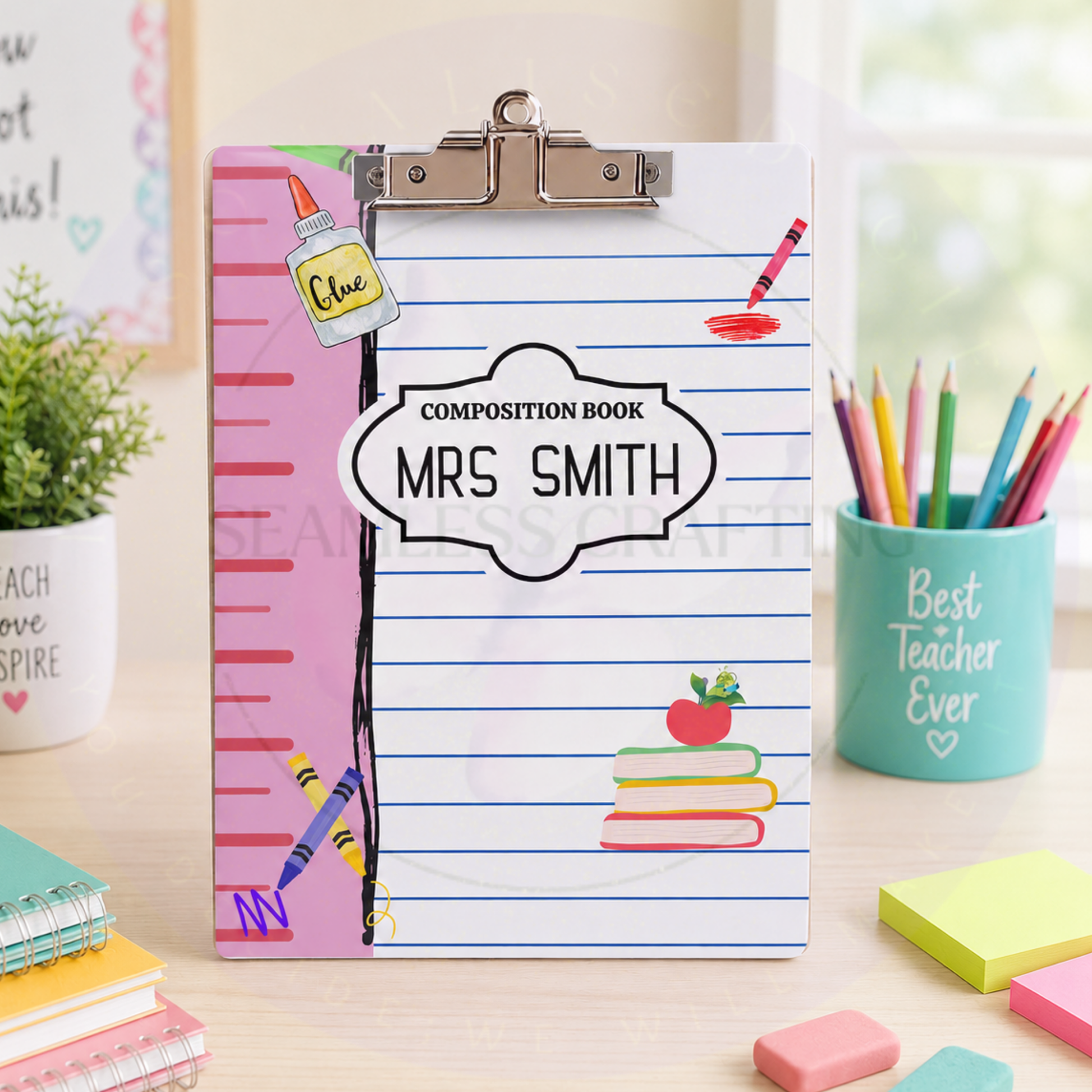 Personalized composition notebook clipboard with size guide and MDF material details