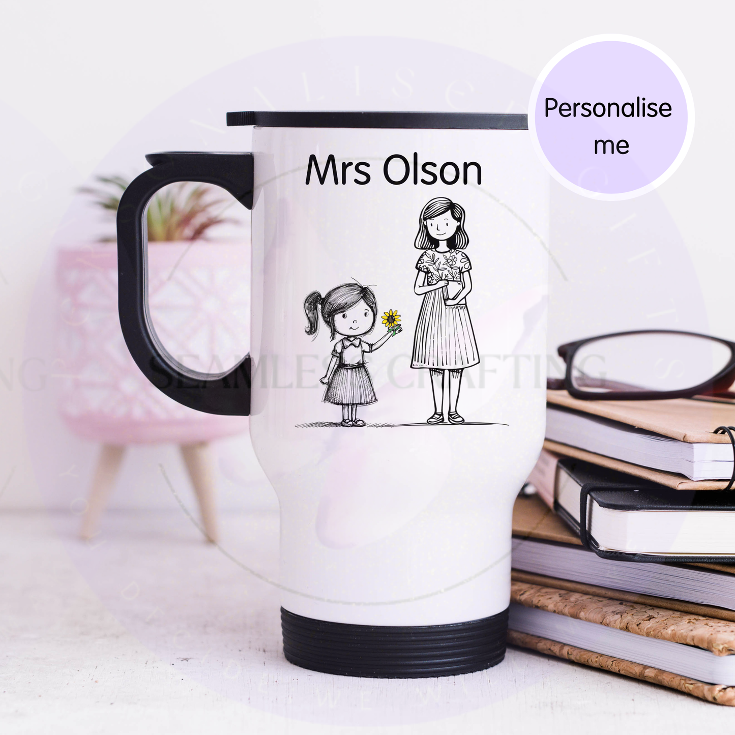 Personalised Teacher Mug & Tote Bag Gift Set | Custom Name Doodle Sketch Design | Travel Mug, Tote Bag, Jute Bag | End of Term Teacher Gift