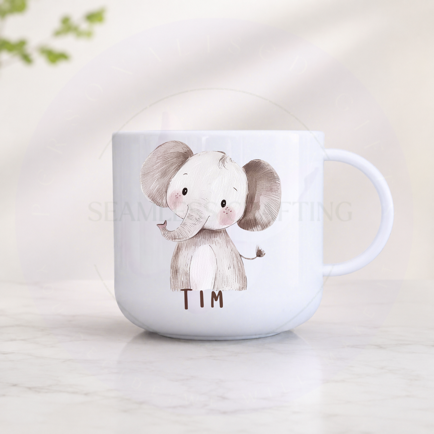 Personalised kids mug with elephant character and name Tim