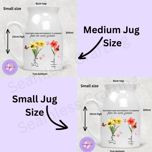 Personalised Sister Jug Vase – Birth Month Flower Gift with Name – Custom Ceramic Keepsake – Small or Medium Size – Floral Sister Gift